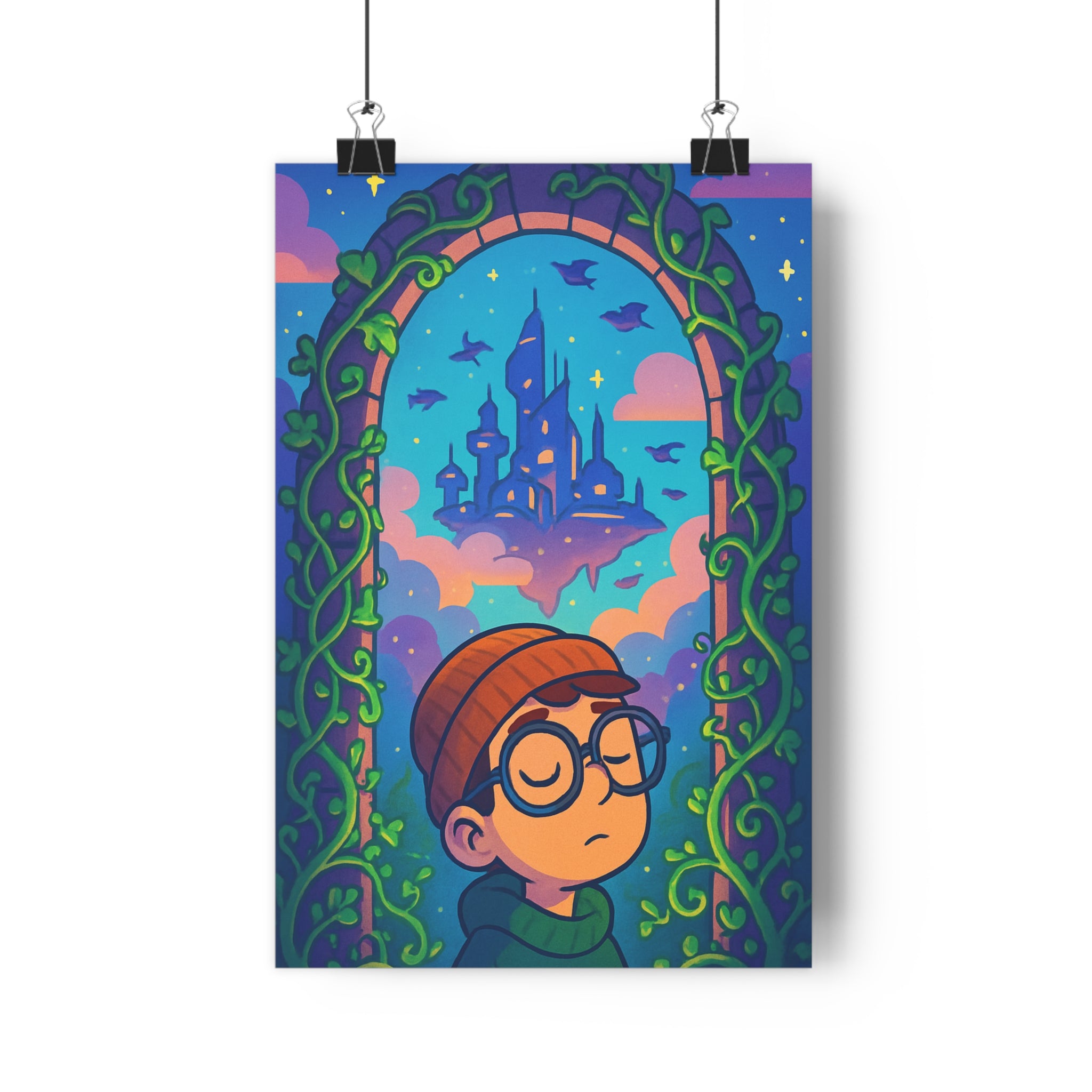 Poster décoratif cartoon bleu vert rêve magique enfant château flottant nuages oiseaux chambre ambiance