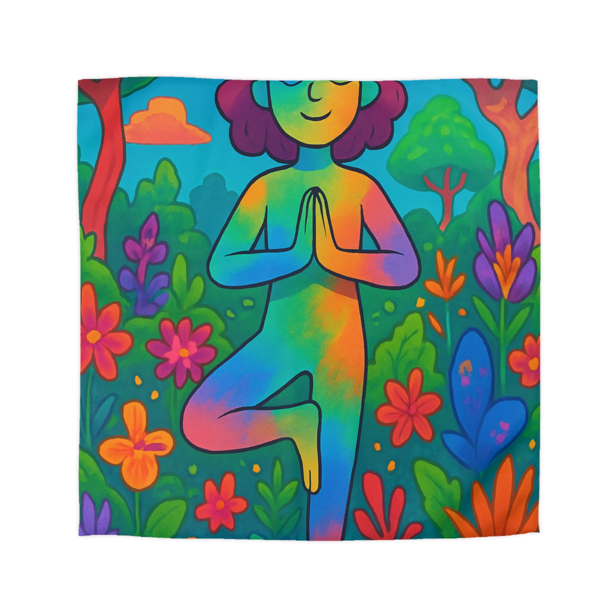 Housse de Couette avec Illustration Arc-en-Ciel d’une Personne Pratiquant le Yoga en Nature