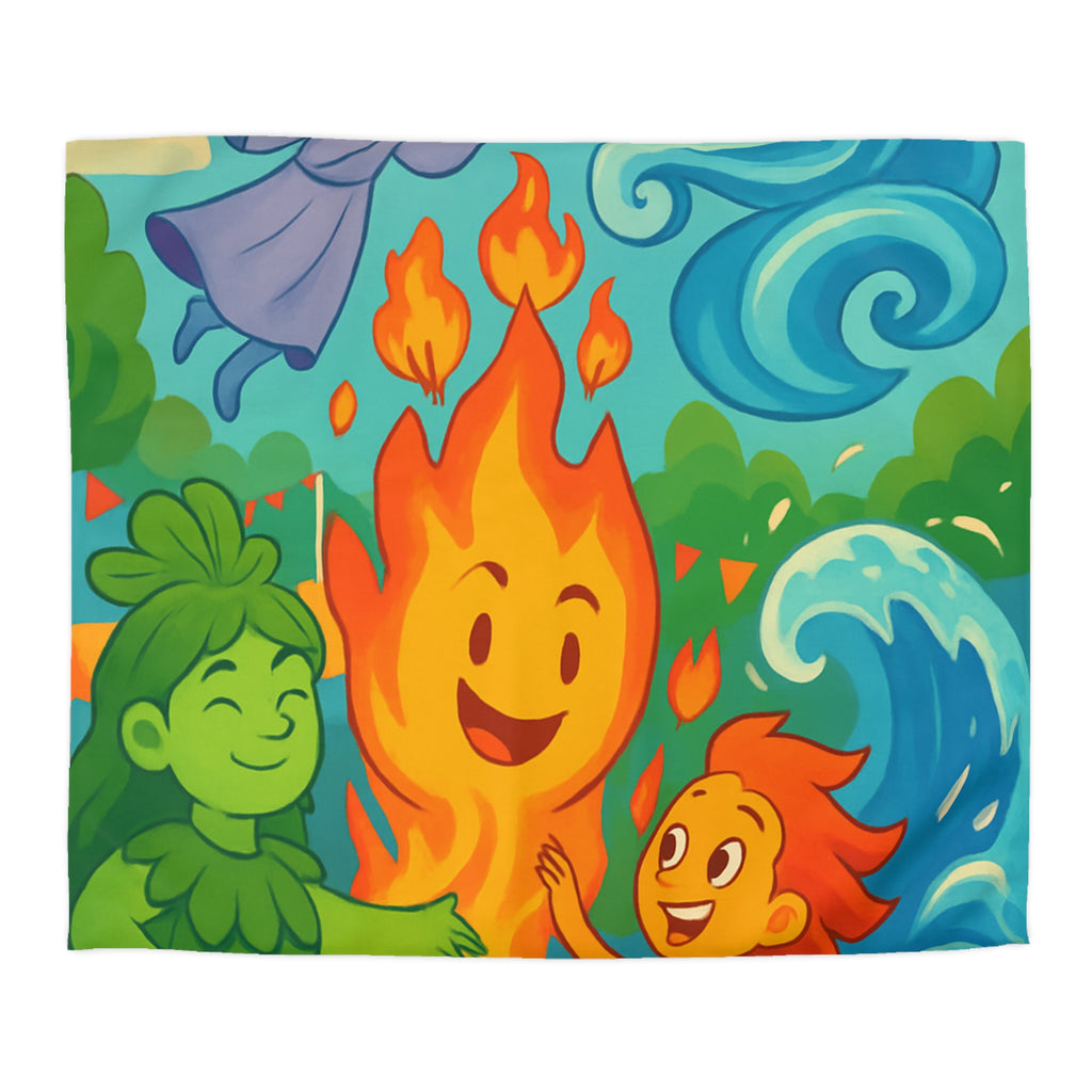 Housse de couette vibrante célébrant les quatre éléments dans un style ludique coloré