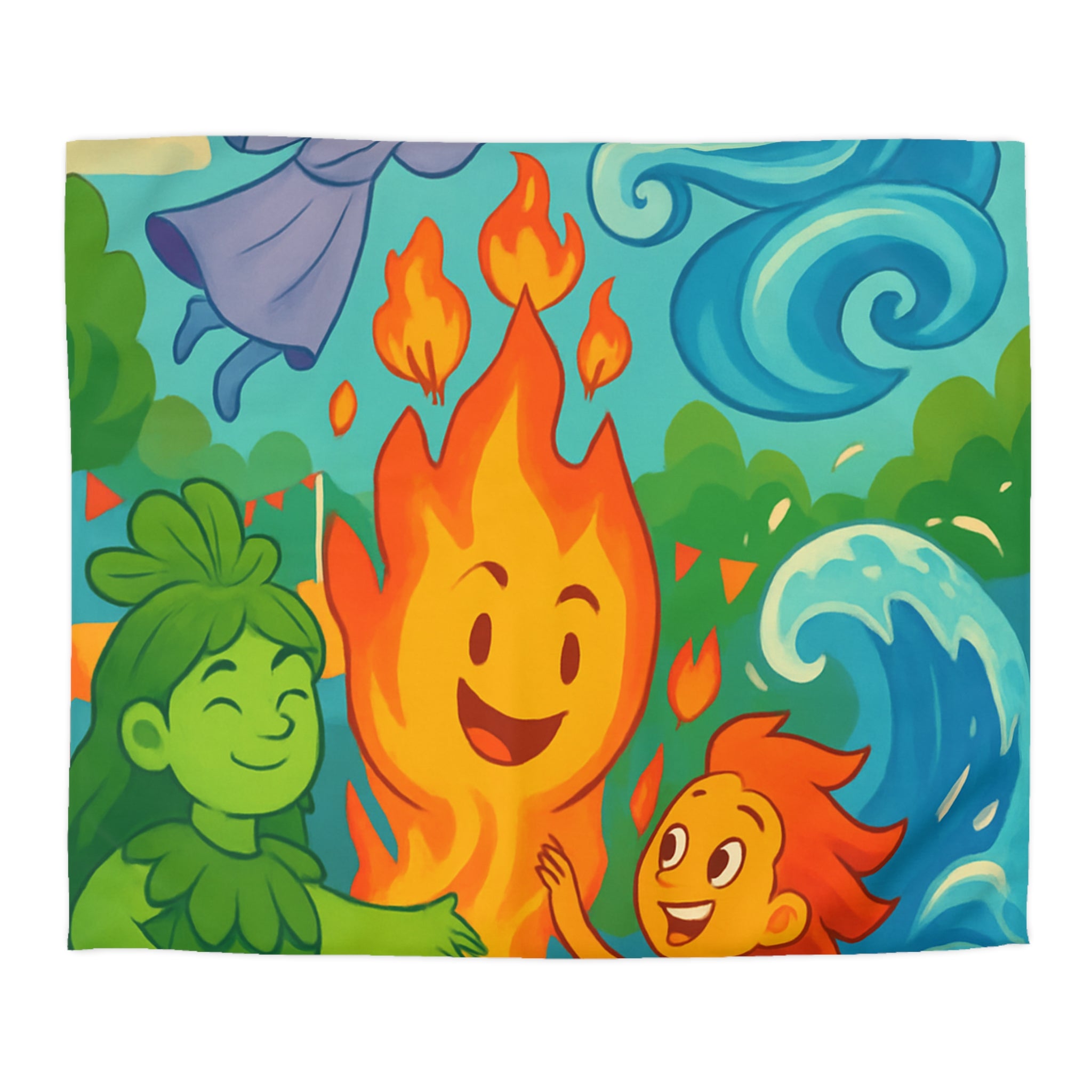 Housse de couette vibrante célébrant les quatre éléments dans un style ludique coloré