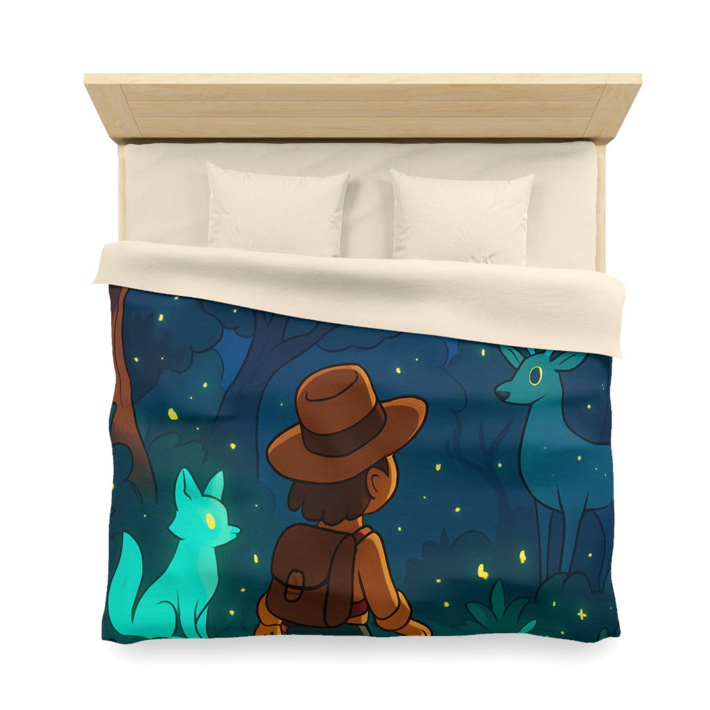 Housse de couette paysage nocturne avec renard et cerf mystiques sous la lune