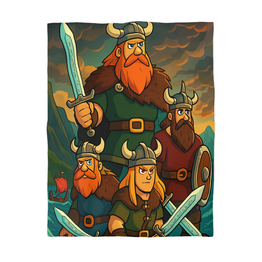 Housse de couette viking épique avec des guerriers et paysage dramatique