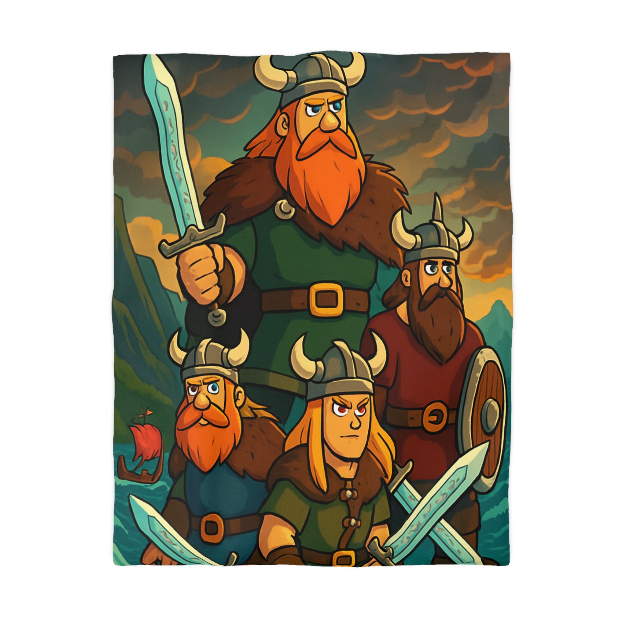 Housse de couette viking épique avec des guerriers et paysage dramatique