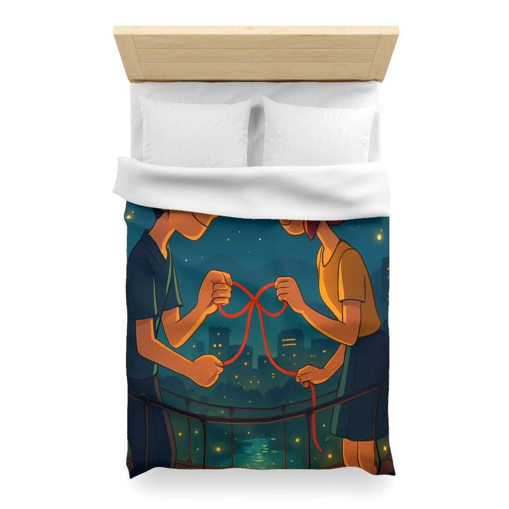 Housse de couette animée couple amoureux sur pont au-dessus d'une ville étoilée