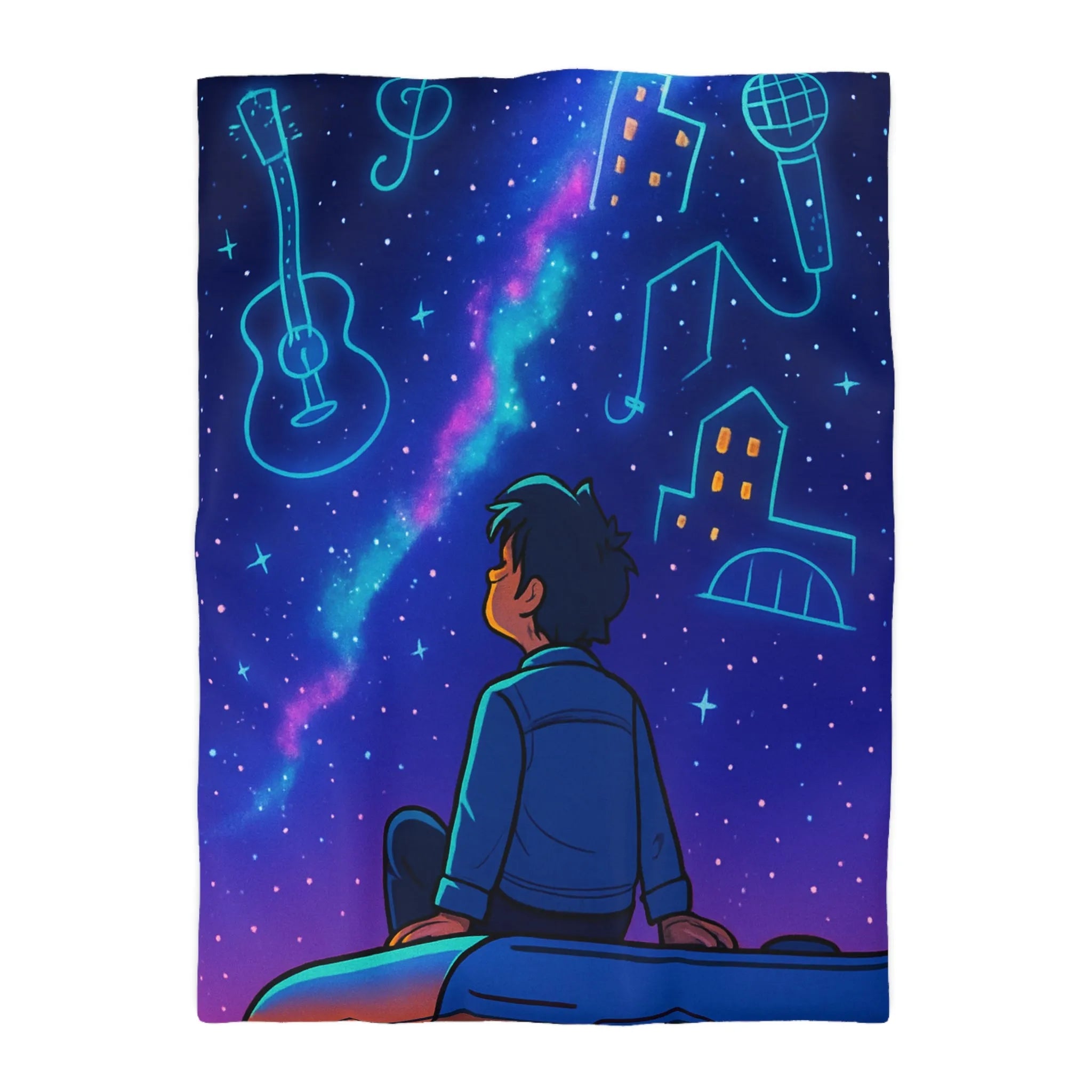 Housse de couette ciel étoilé avec rêveur contemplant silhouettes de musique et ville