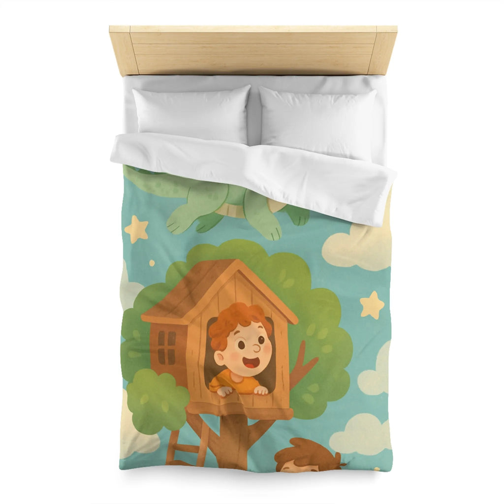 Housse de Couette Enfant Colorée avec Dragon, Maisonnette Arbre et Étoiles Féeriques