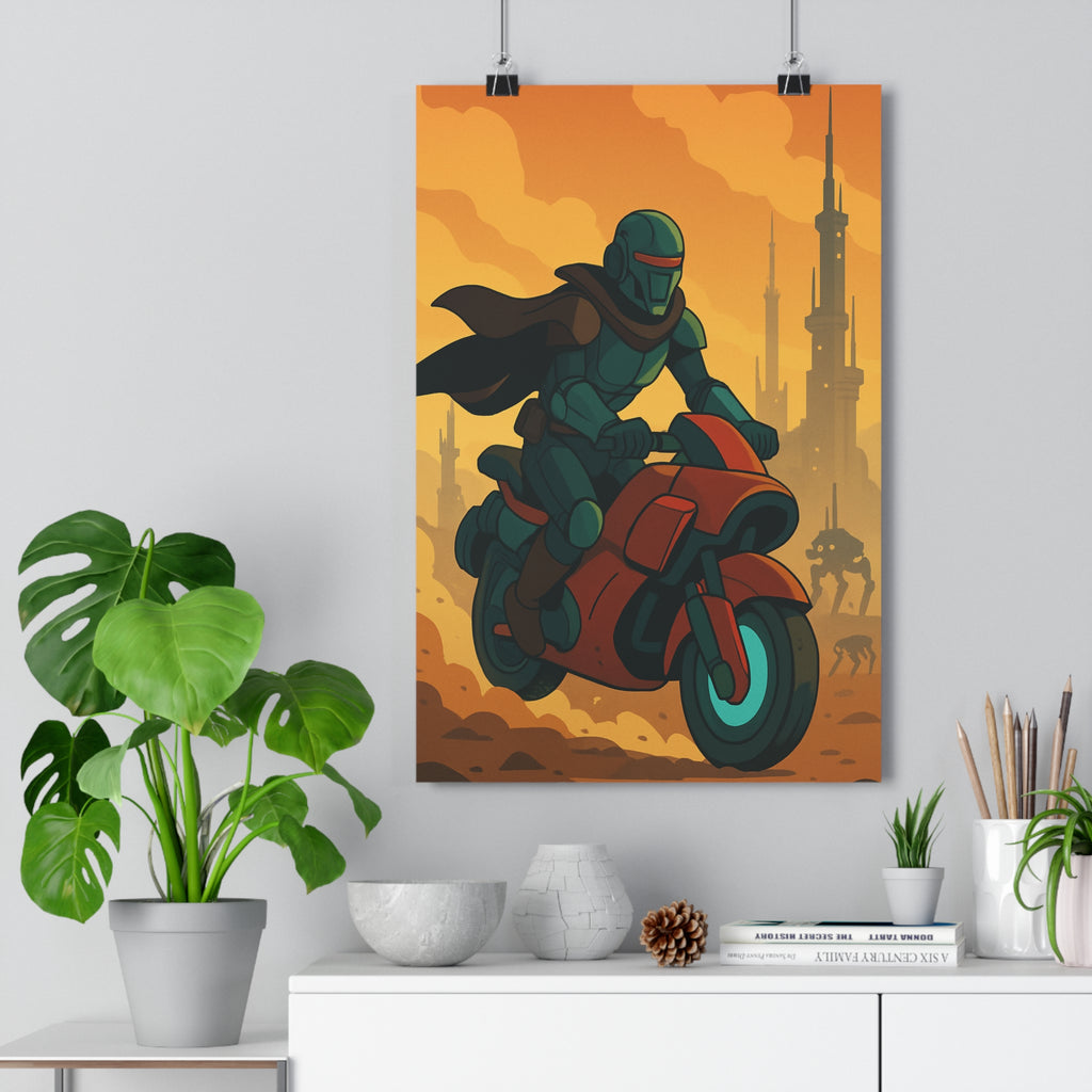 Poster décoratif futuriste orange moto personnage animé intense salon chambre aventure dynamique imposant qualité
