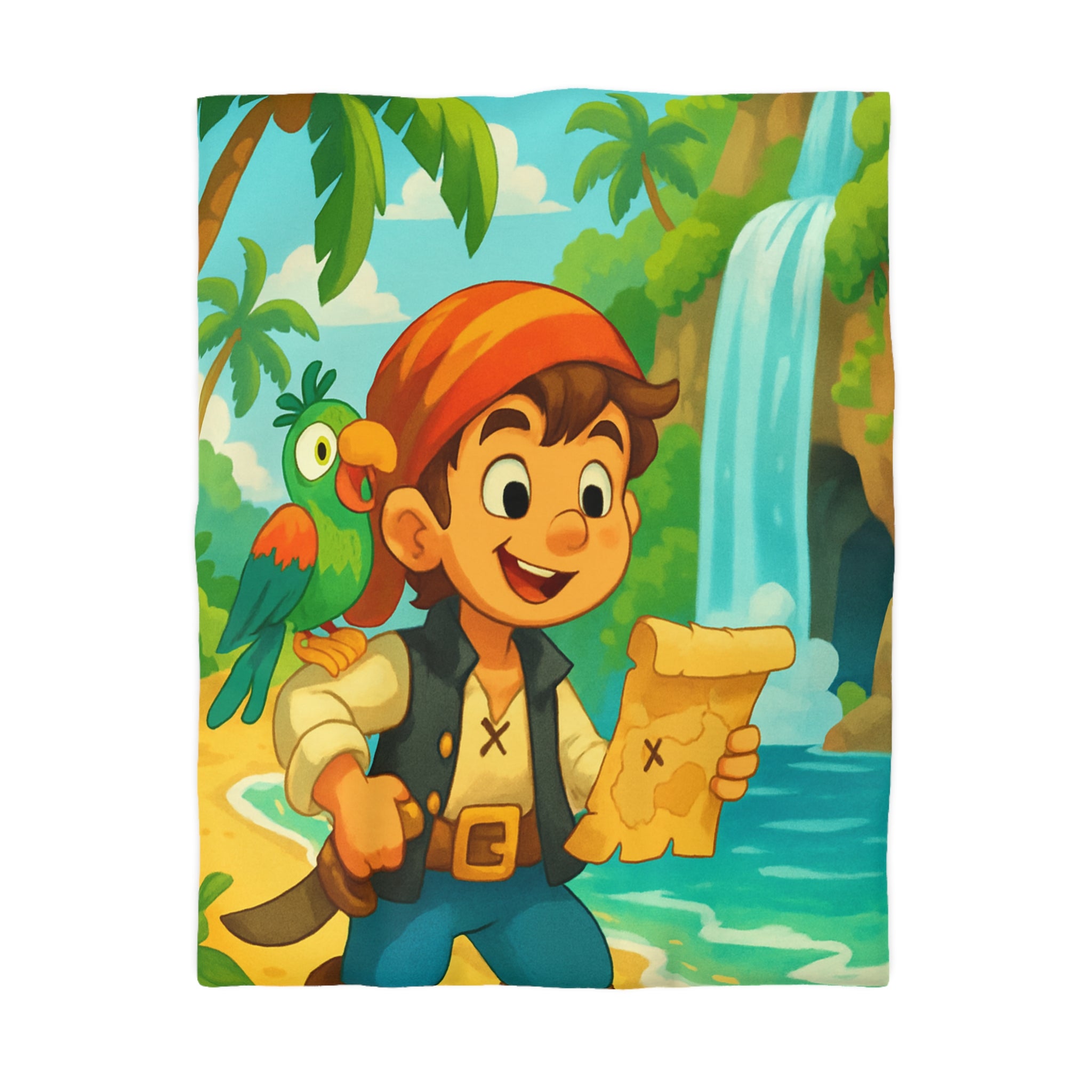 Housse de Couette Pirate Enfantine avec Perroquet, Carte au Trésor, Cascade et Plage