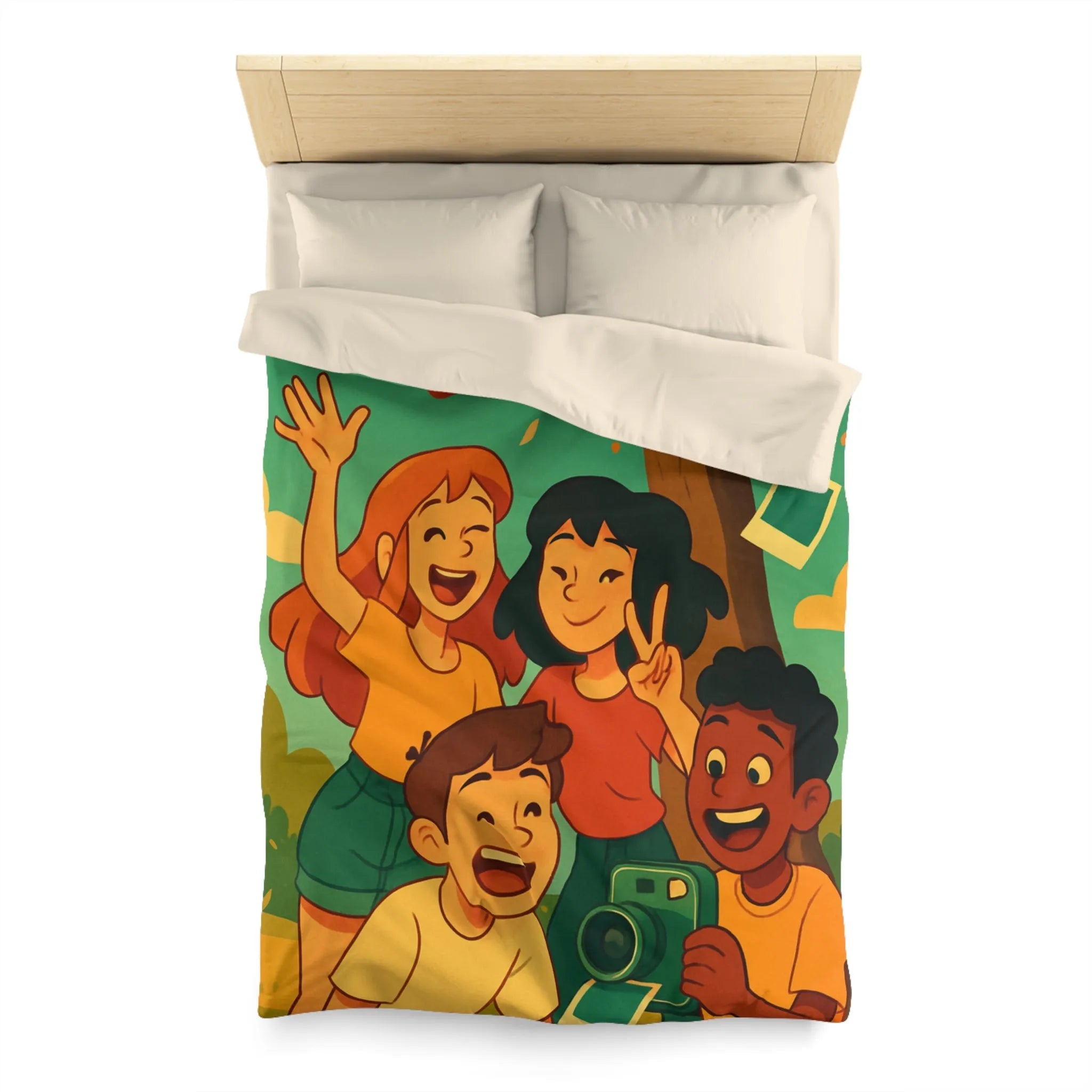 Housse de Couette Enfants Arborant Motif Nature et Joie Automnale Avec Polaroids