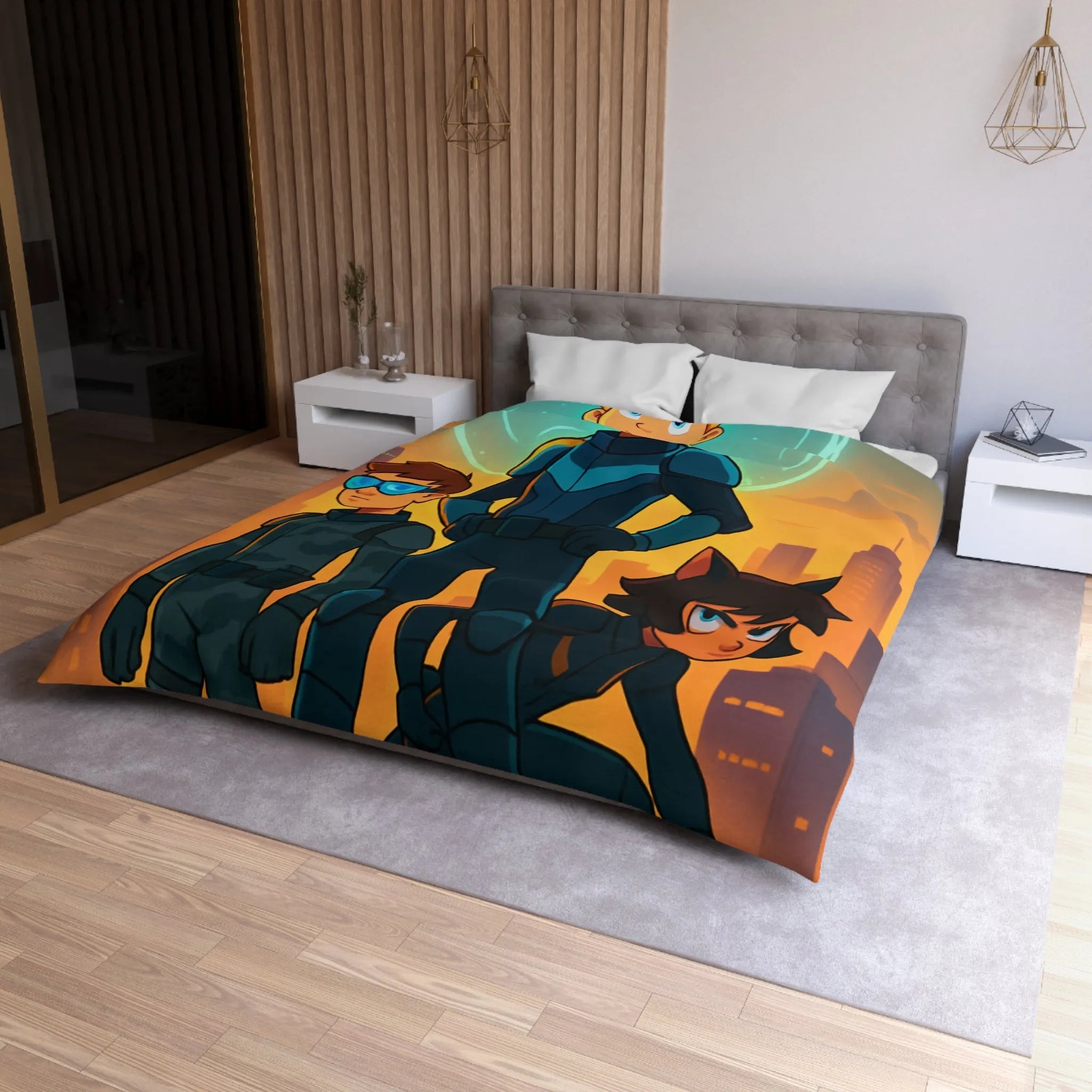 Ensemble d'aventure animé avec enfants héros sur fond urbain au crépuscule