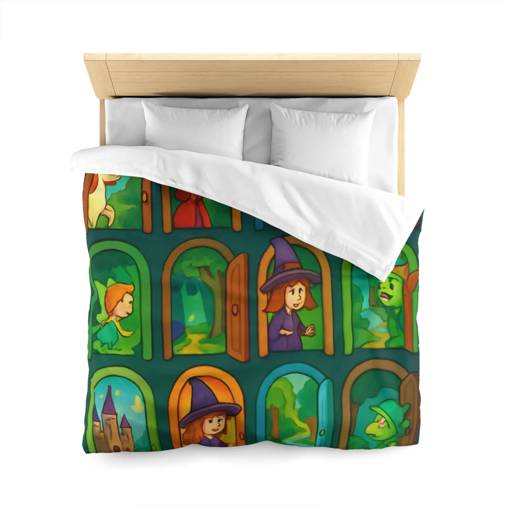 Enchantement magique avec motifs de sorcières, chevaux, et châteaux sur housse de couette