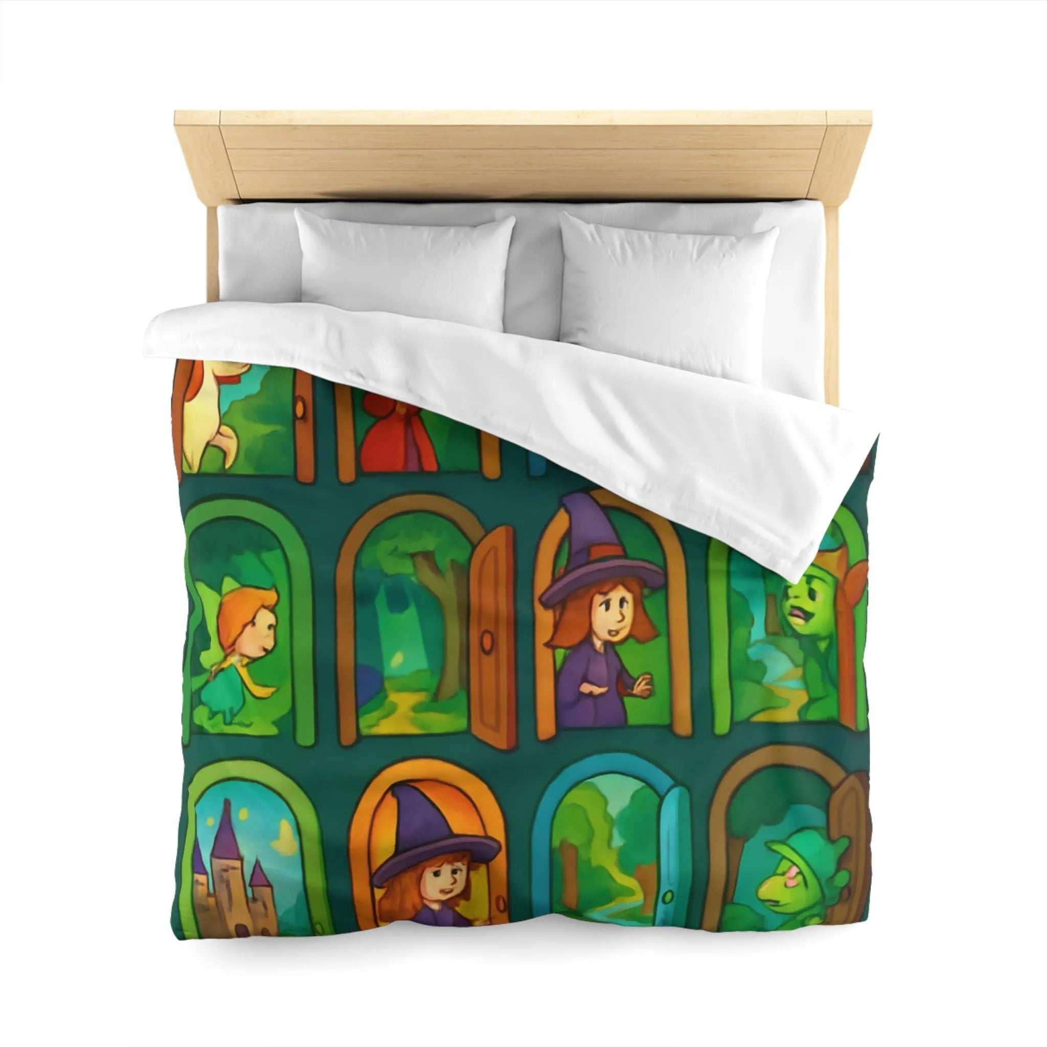 Enchantement magique avec motifs de sorcières, chevaux, et châteaux sur housse de couette