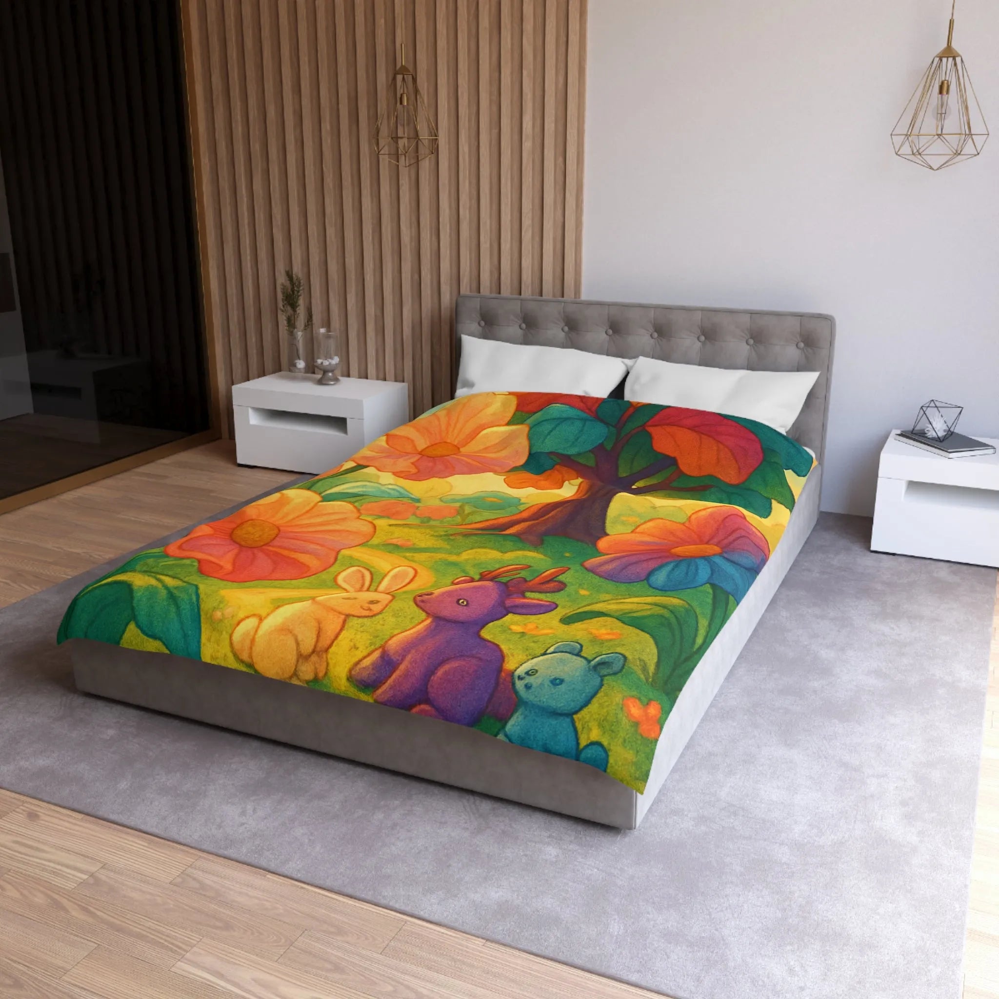 Housse de couette avec animaux mignons et fleurs colorées dans une forêt féerique