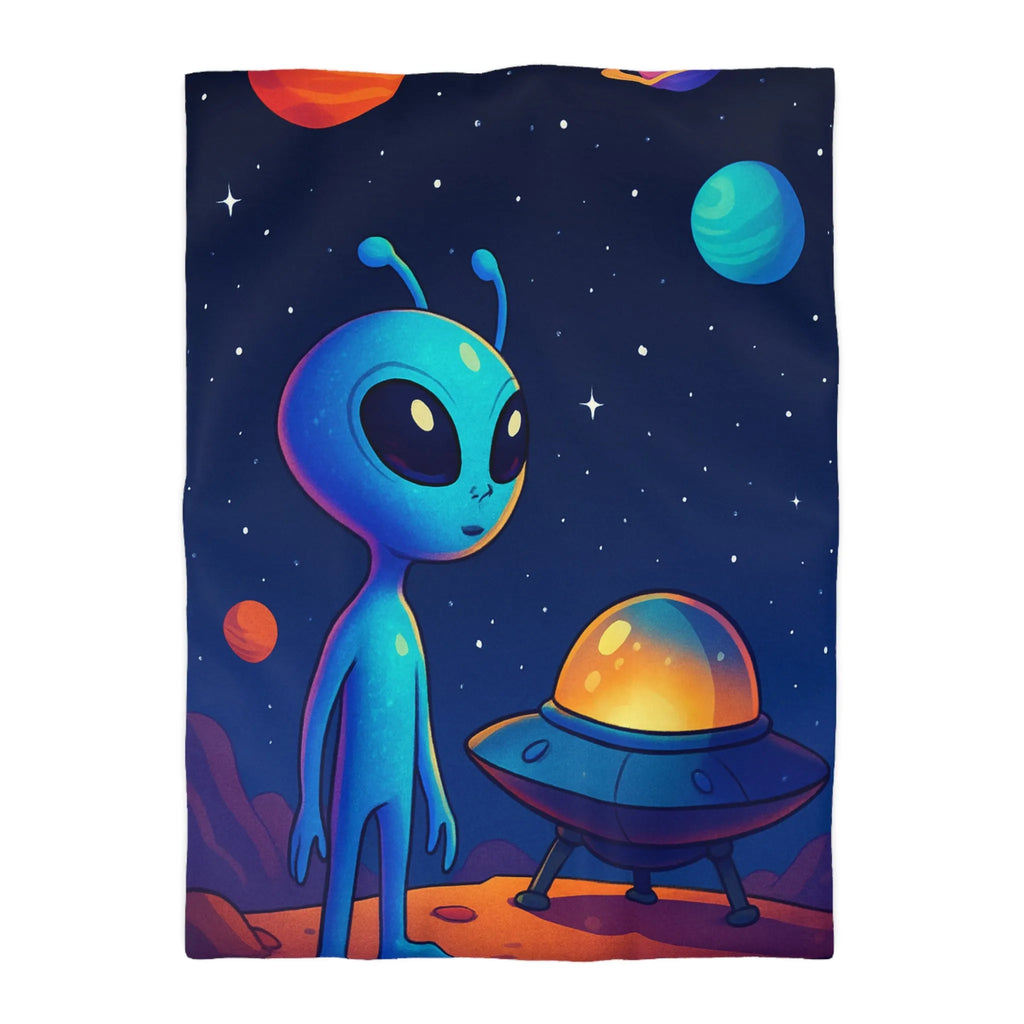 Housse de couette avec motif adorable de petit extraterrestre bleu et soucoupe volante