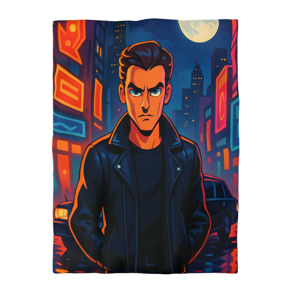 Housse de couette style rétro avec personnage en ville lumineuse sous pleine lune