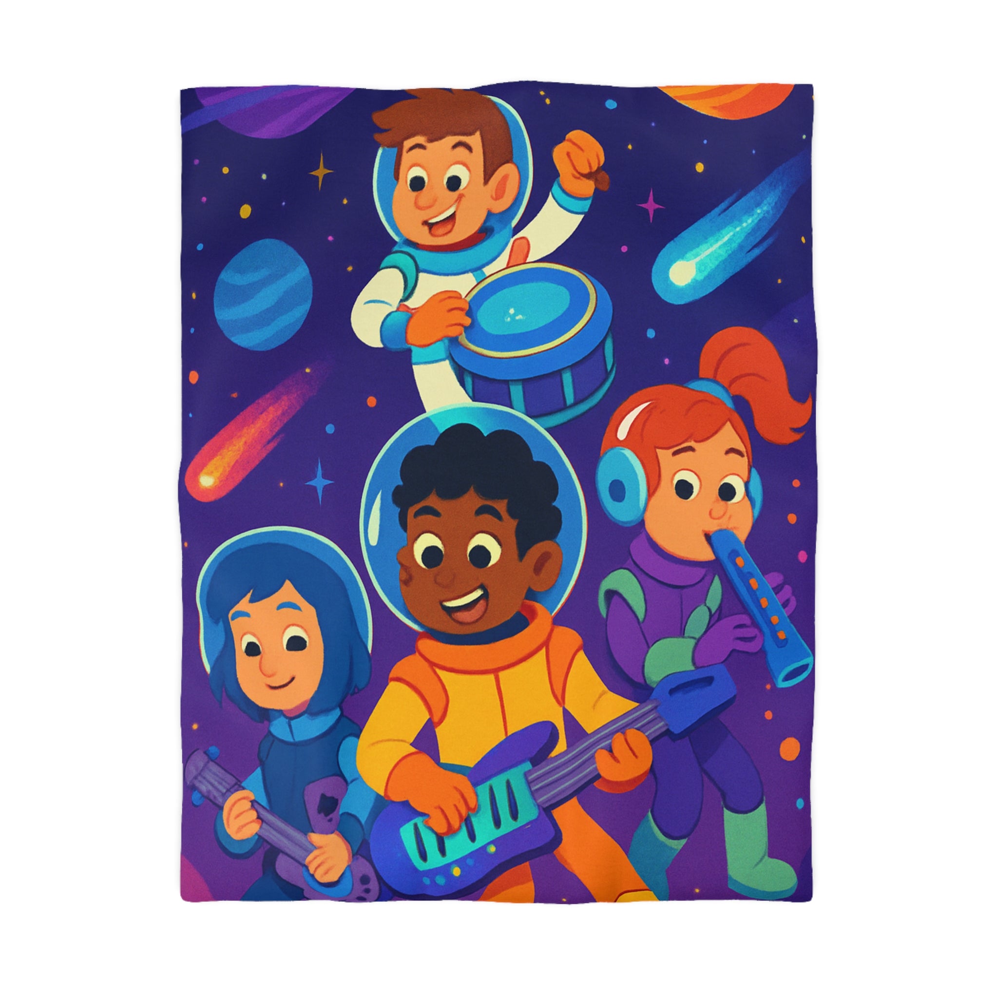 Housse de couette spatiale colorée avec enfants musiciens et planètes virevoltantes
