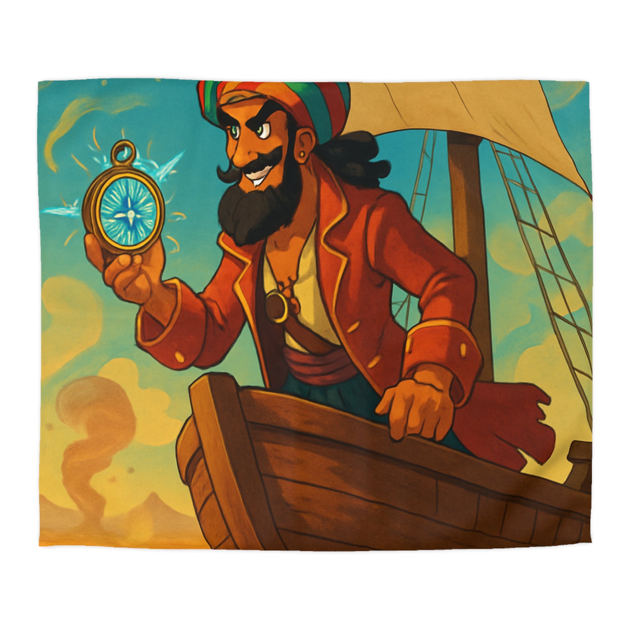 Housse de Couette Pirate Colorée avec Bateau et Boussole Inspirée de l'Aventure En Mer