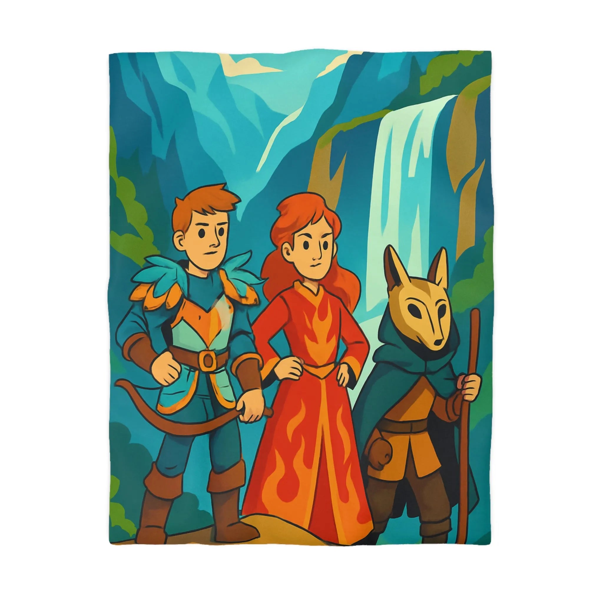 Housse de couette avec illustration aventureuse de personnages devant une cascade majestueuse