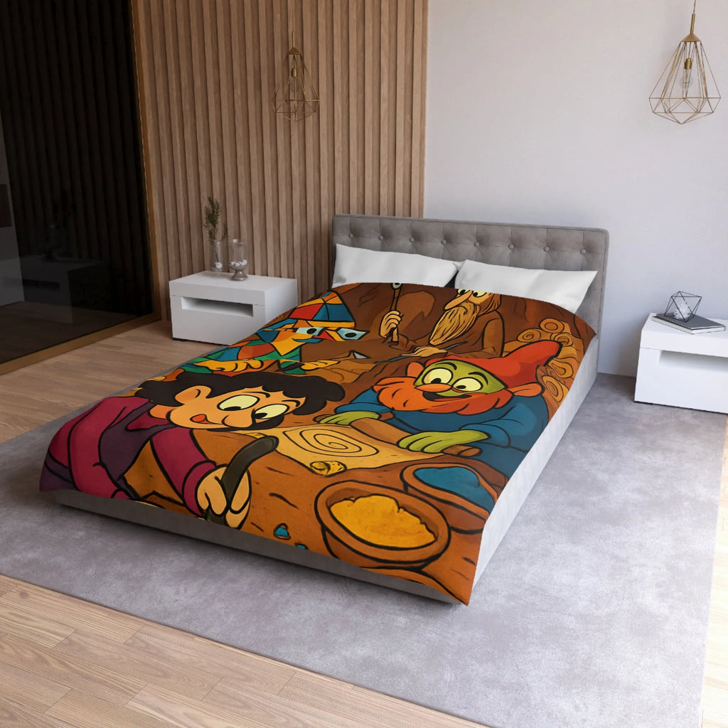 Housse de couette illustrée ambiance atelier fantasy avec gnomes et textures chaleureuses colorées
