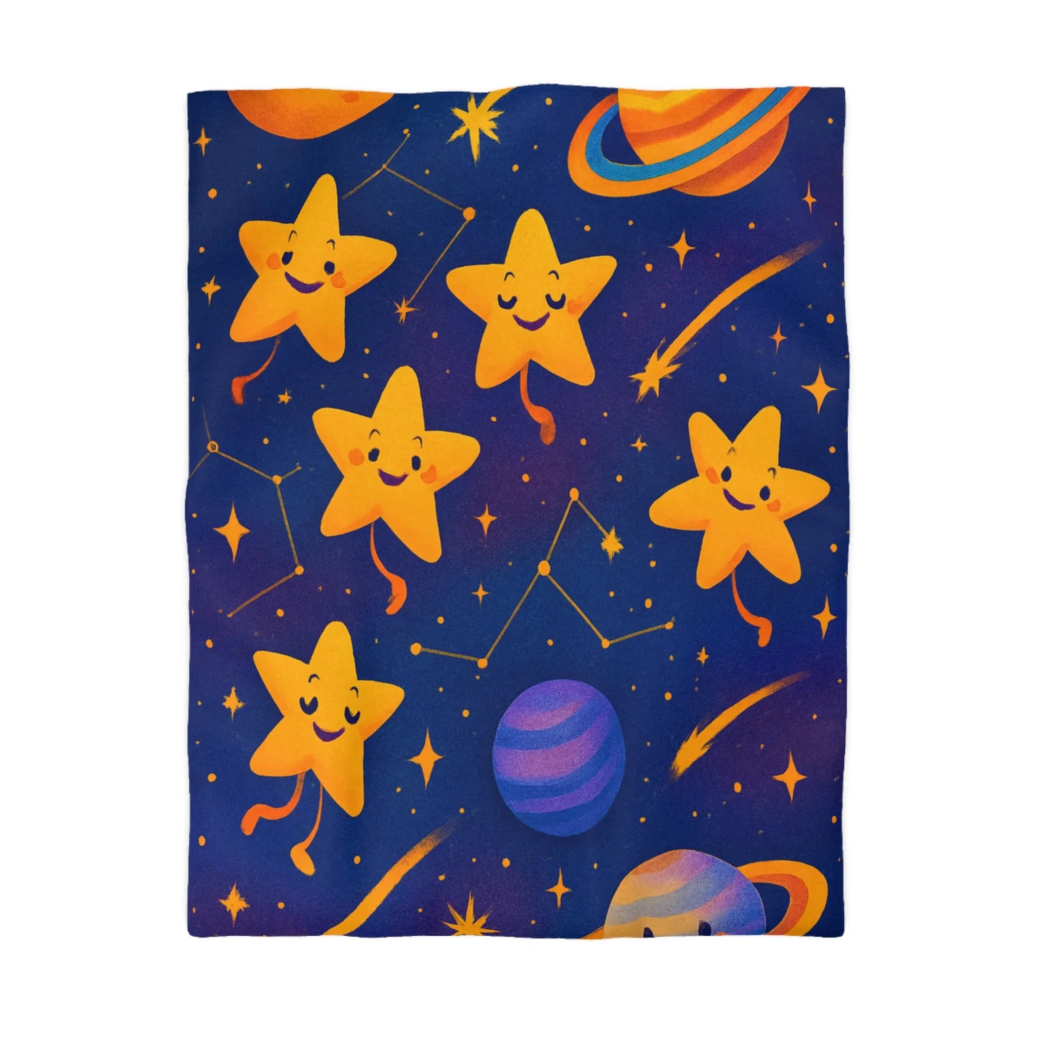 Housse de couette avec étoiles souriantes et planètes cartoon pour chambre d'enfant