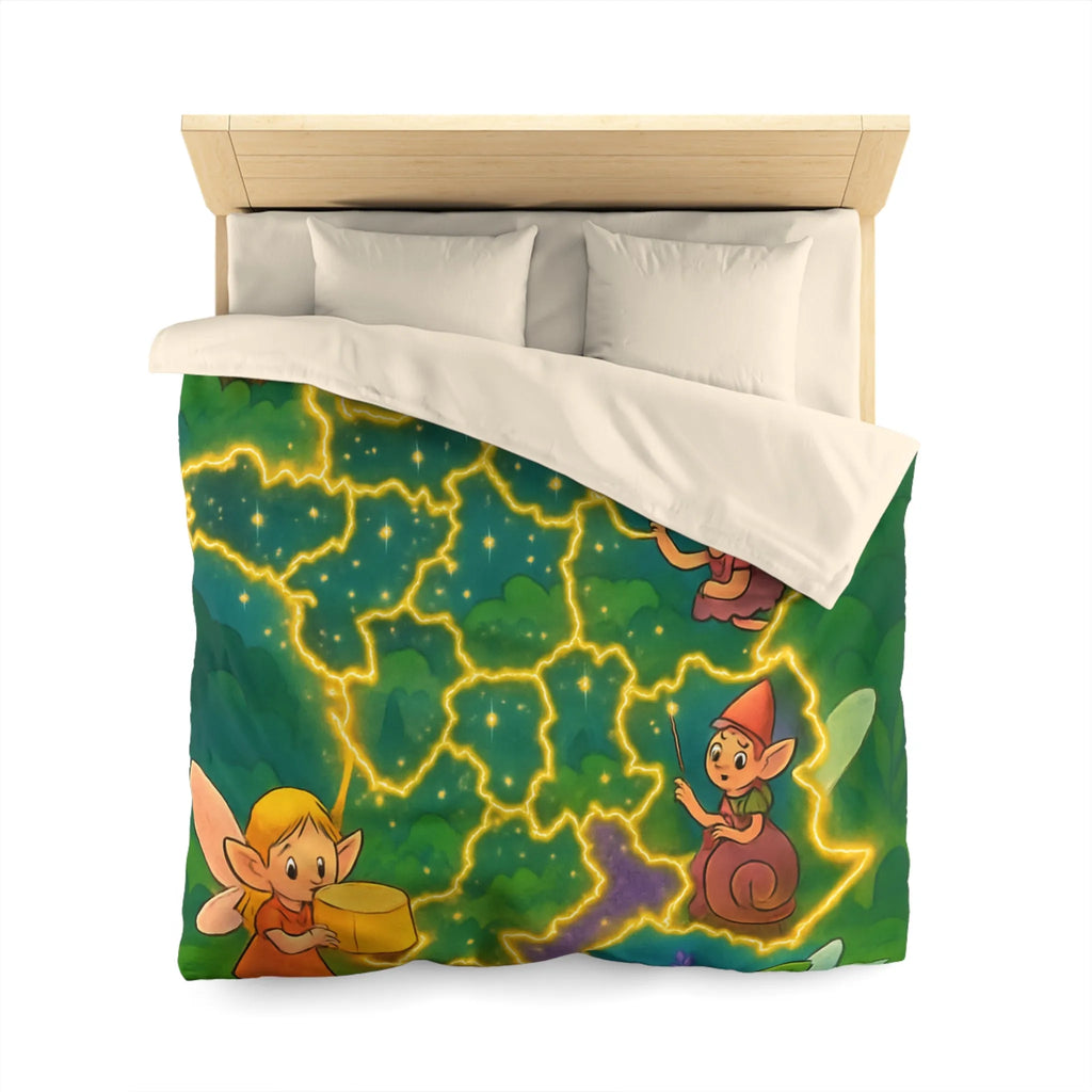 Housse de couette illustrée avec fées et lutins en carte de France enchantée