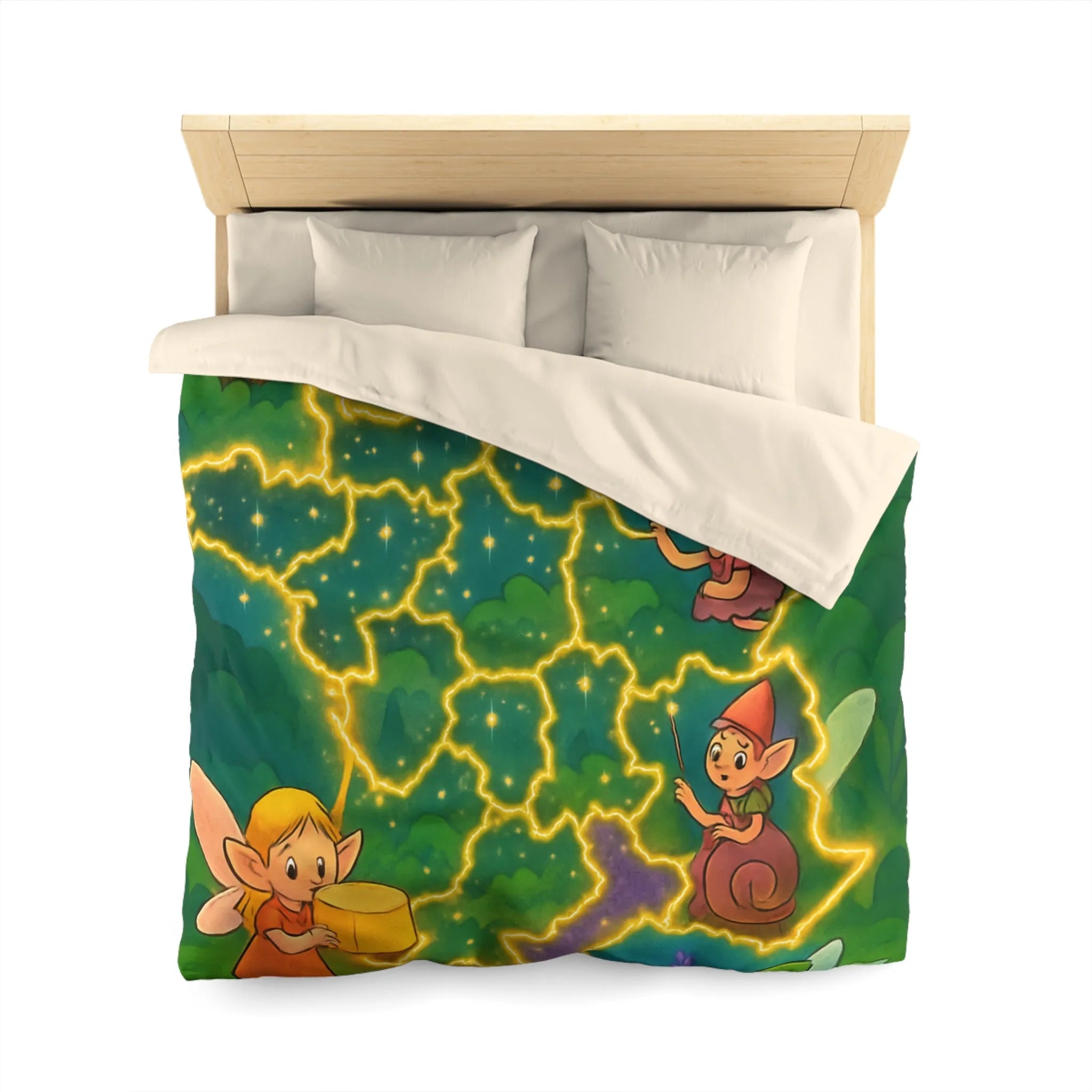 Housse de couette illustrée avec fées et lutins en carte de France enchantée