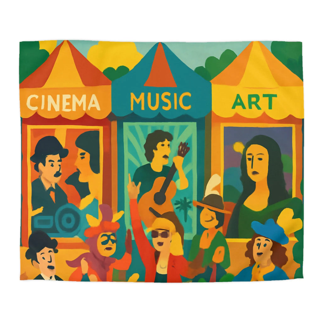 Housse de couette colorée avec motifs cinéma, musique et art, ambiance festive bohème