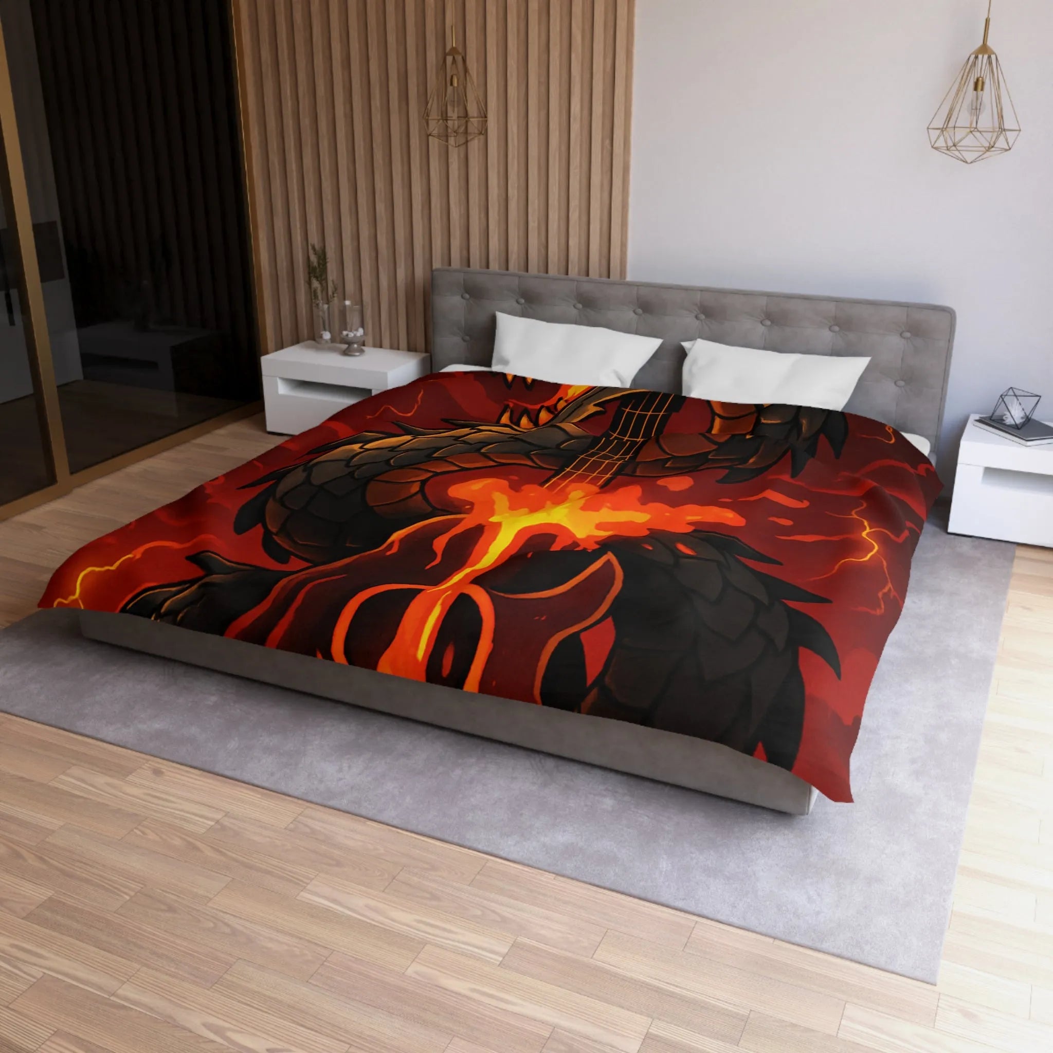 Housse de couette avec dragon noir majestueux et flammes incandescentes, ambiance épique