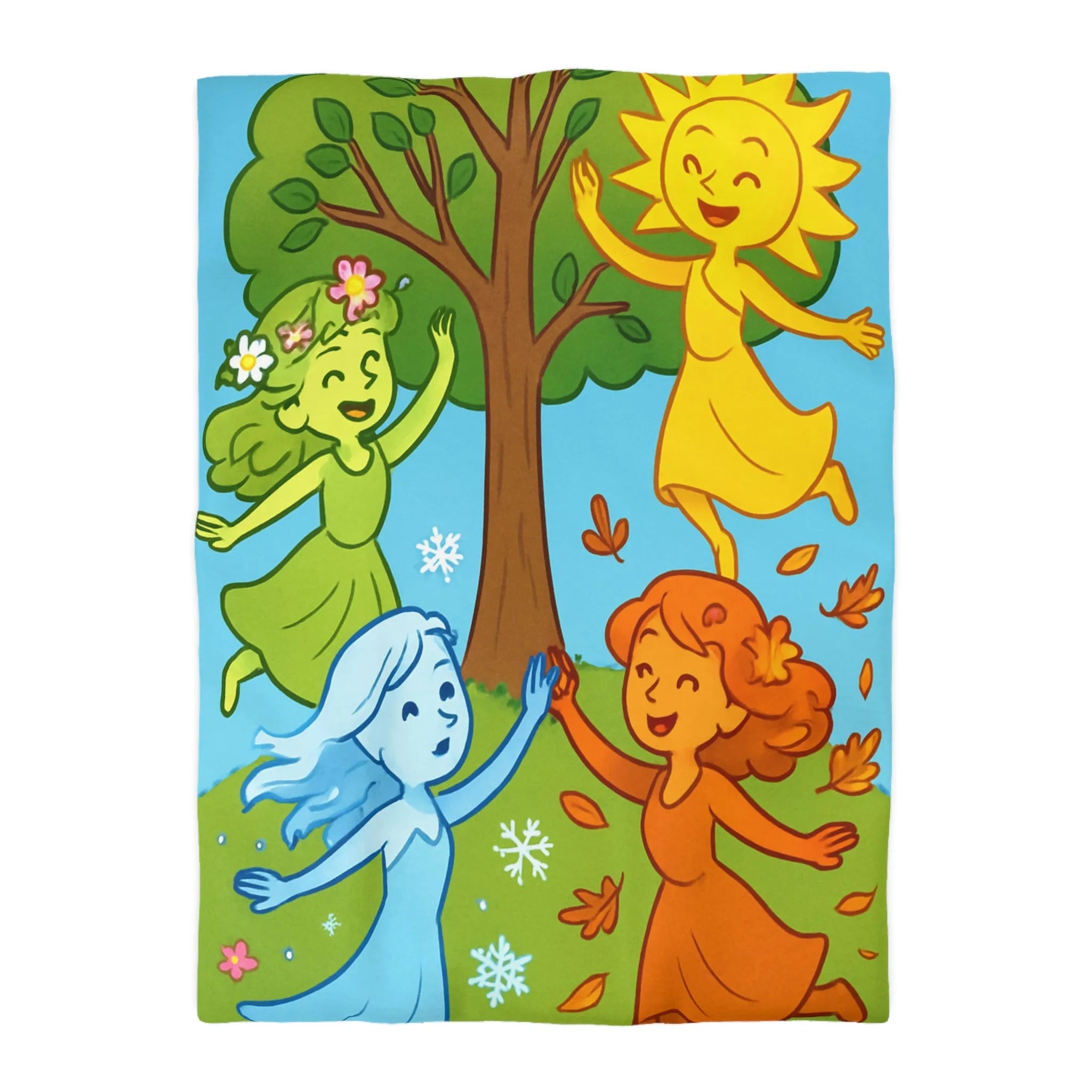 Housse de couette avec quatre saisons en couleurs vives et personnages joyeux