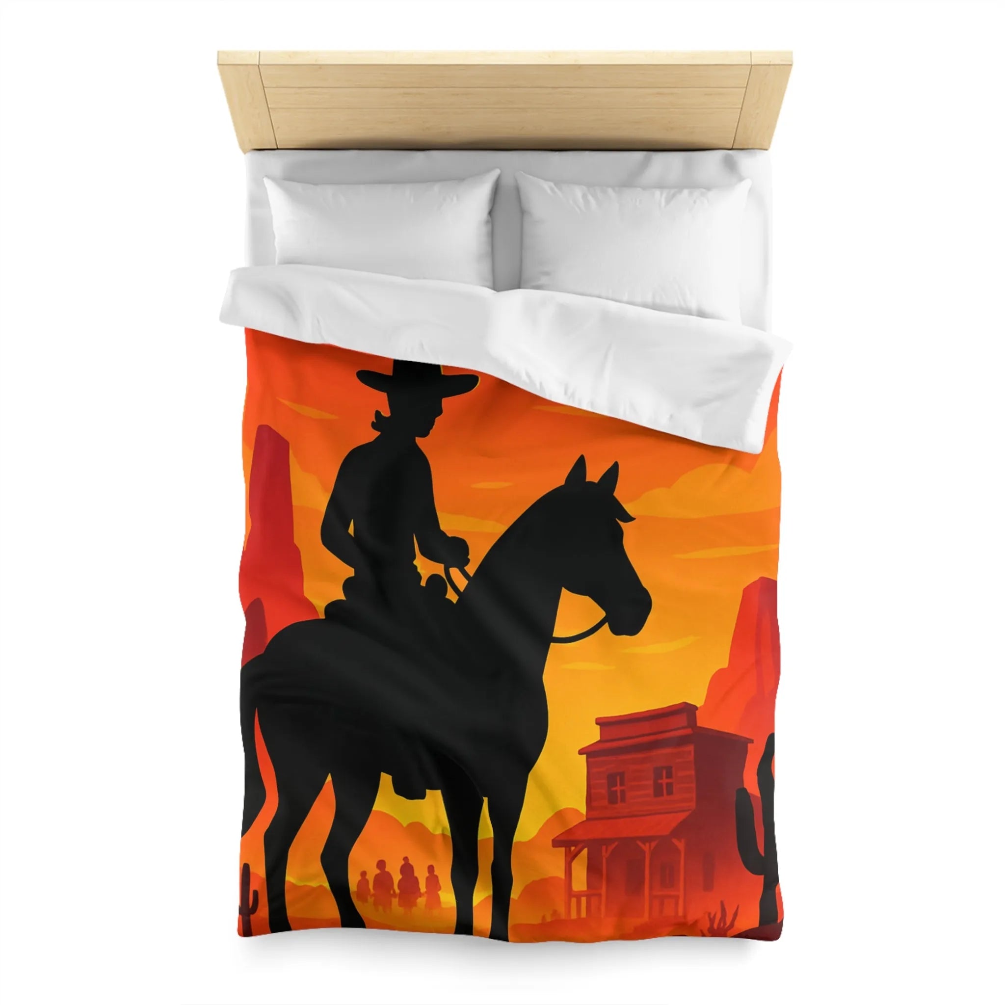 Housse de couette Far West cavalier cheval silhouette coucher de soleil scène désertique