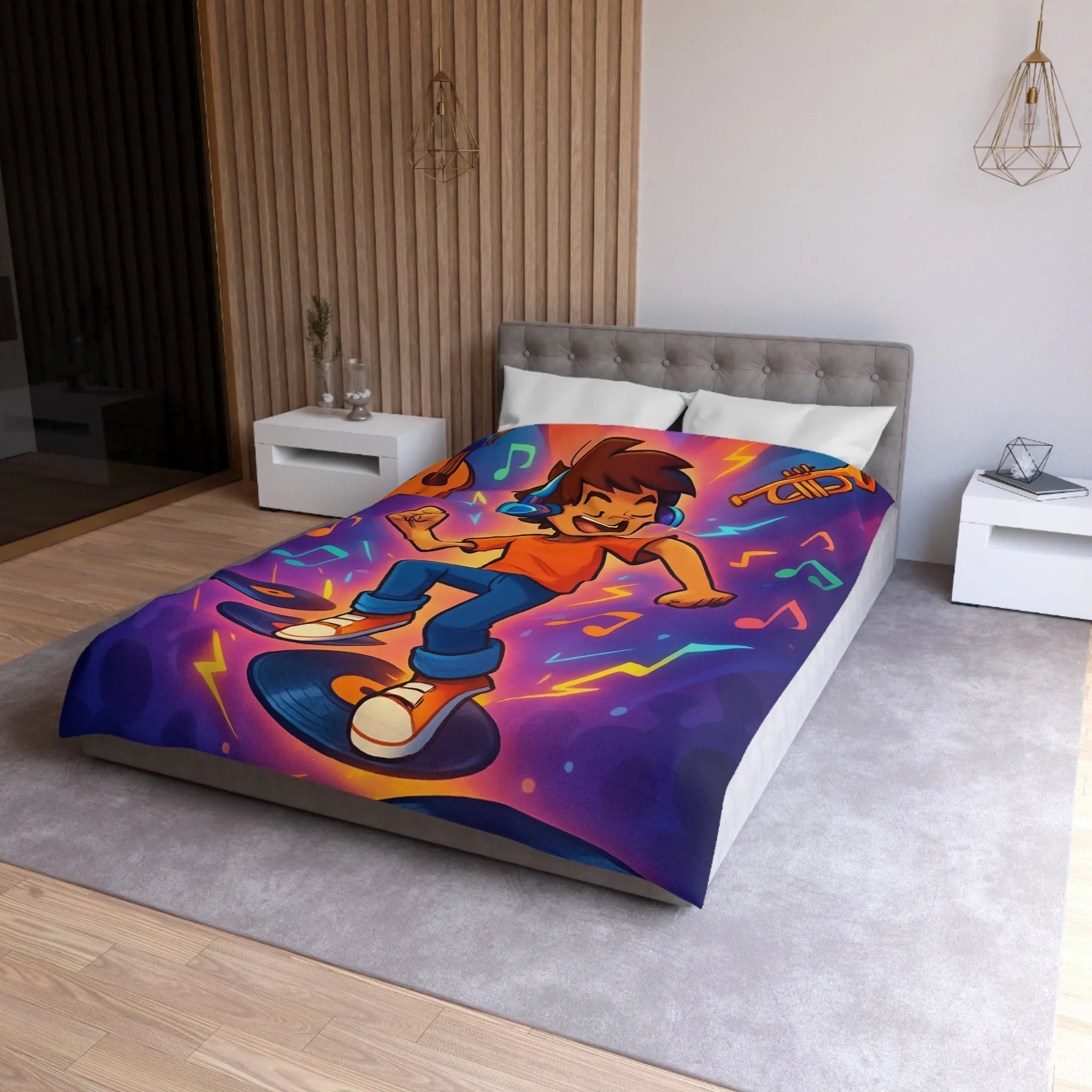 Housse de couette animée avec design musical vibrant pour chambres colorées et dynamiques