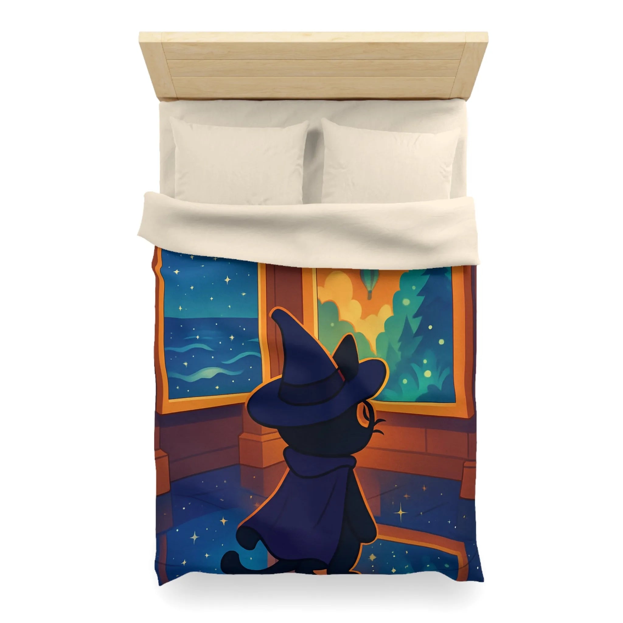 Housse de couette ambiance nocturne avec chat sorcier et paysages enchanteurs colorés