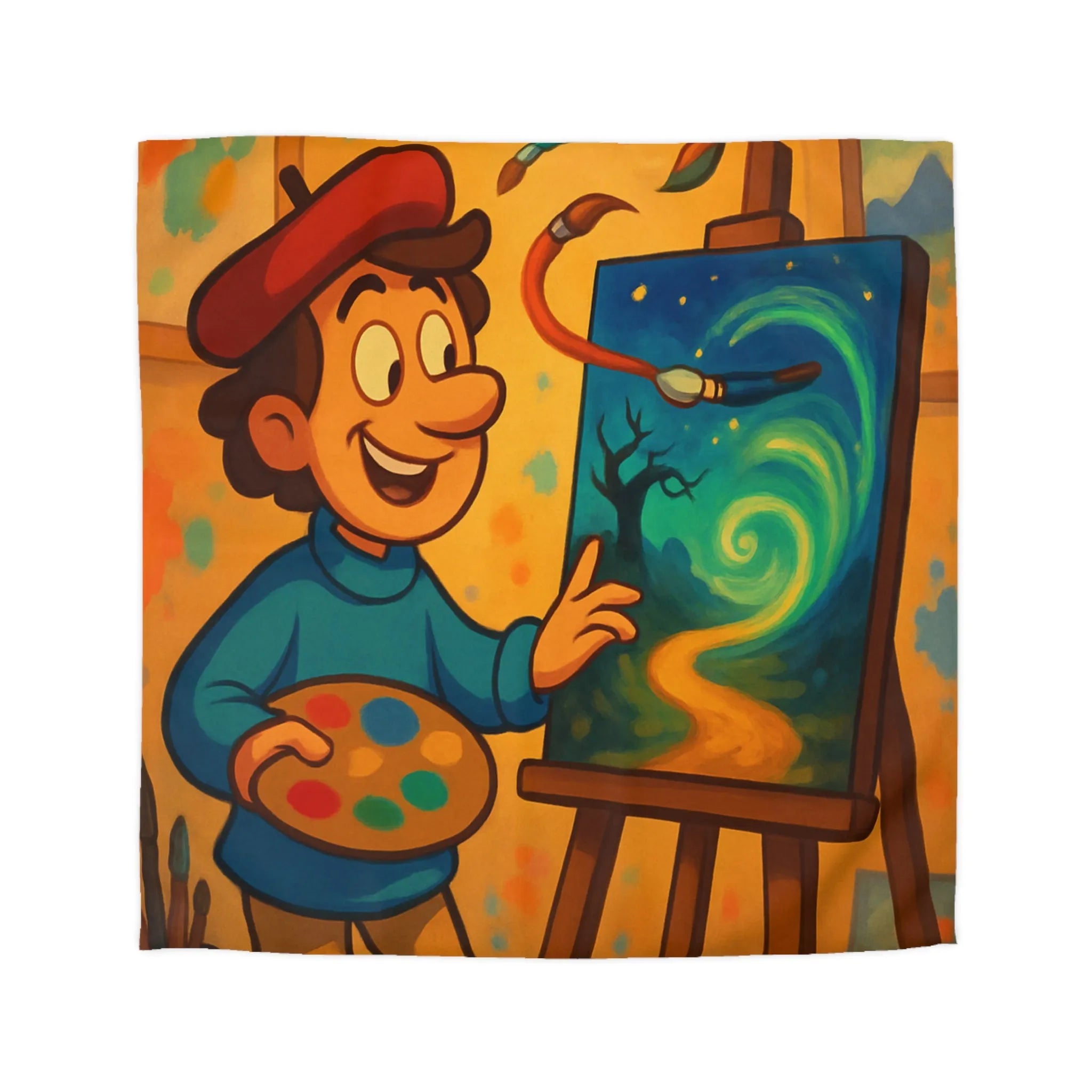 Housse de Couette Colorée avec Peintre Joyeux et Peinture Tourbillonnante Étoilée et Mystique