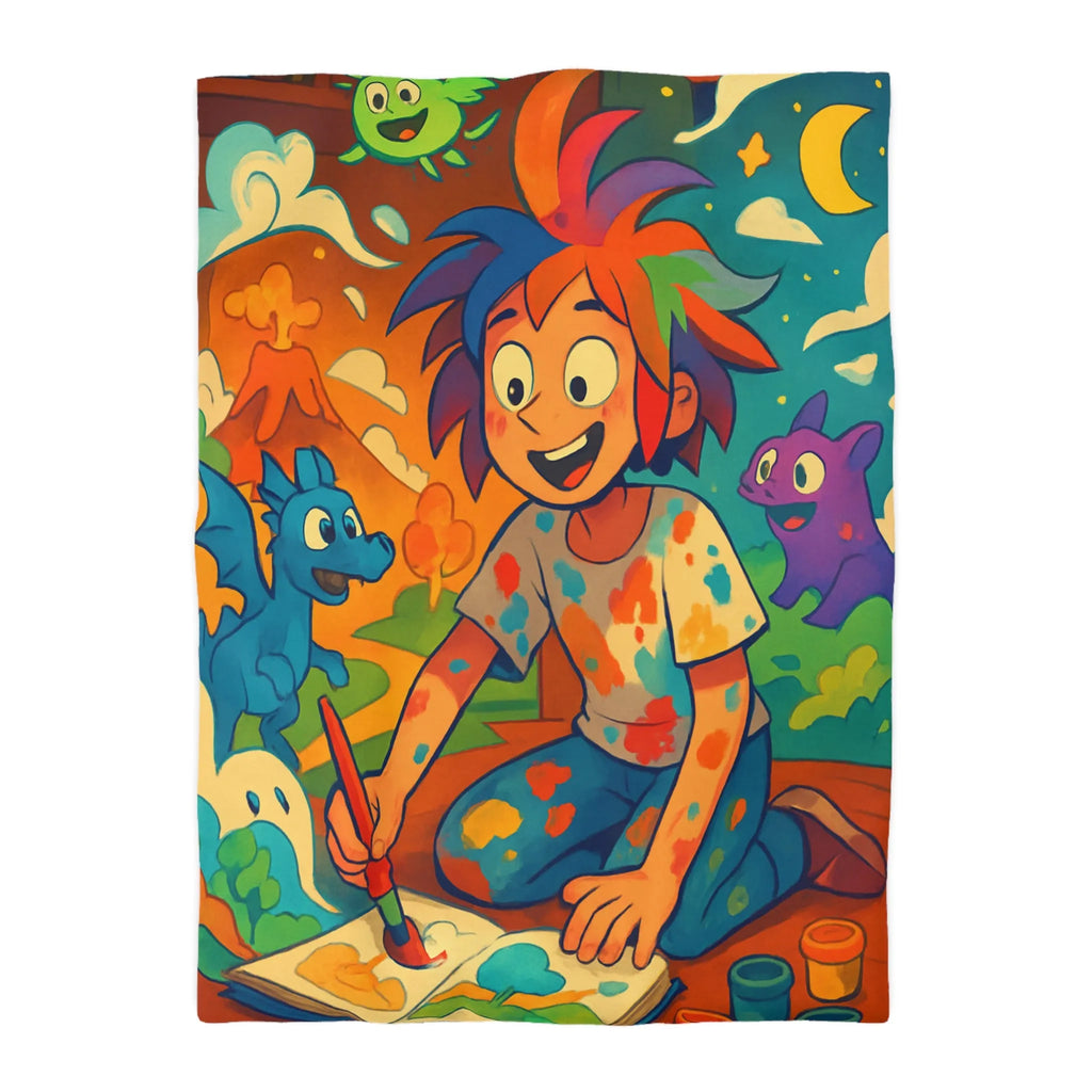 Housse de couette colorée illustrée avec enfant créatif et créatures fantastiques joyeuses