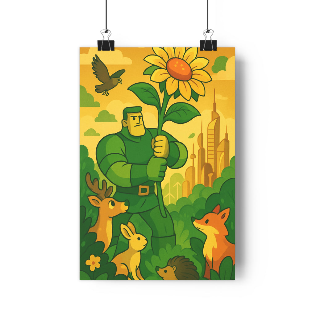 Poster décoratif cartoon écologique lumineux jaune vert salon enfant nature animaux futuriste optimiste qualité