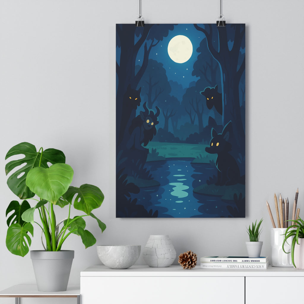 Poster décoratif mystique forêt nocturne créatures lumineuses dessin animé chambre salon 30x46 captivant qualité