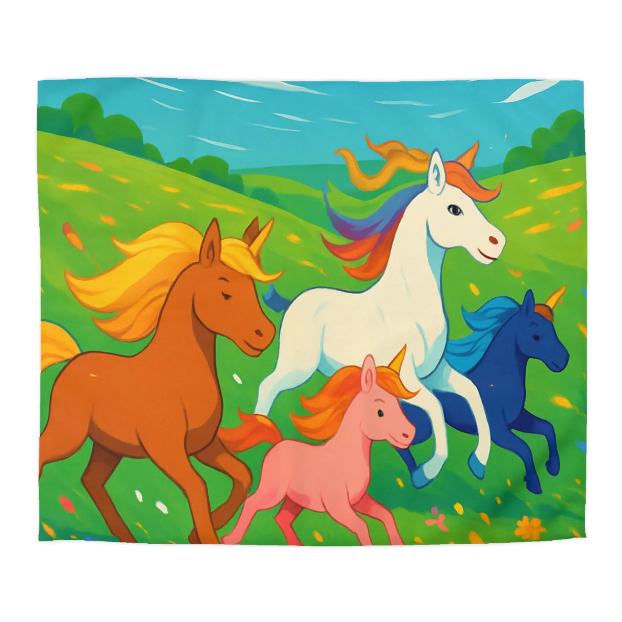 Housse de couette colorée avec prairies luxuriantes et chevaux arc-en-ciel en galop