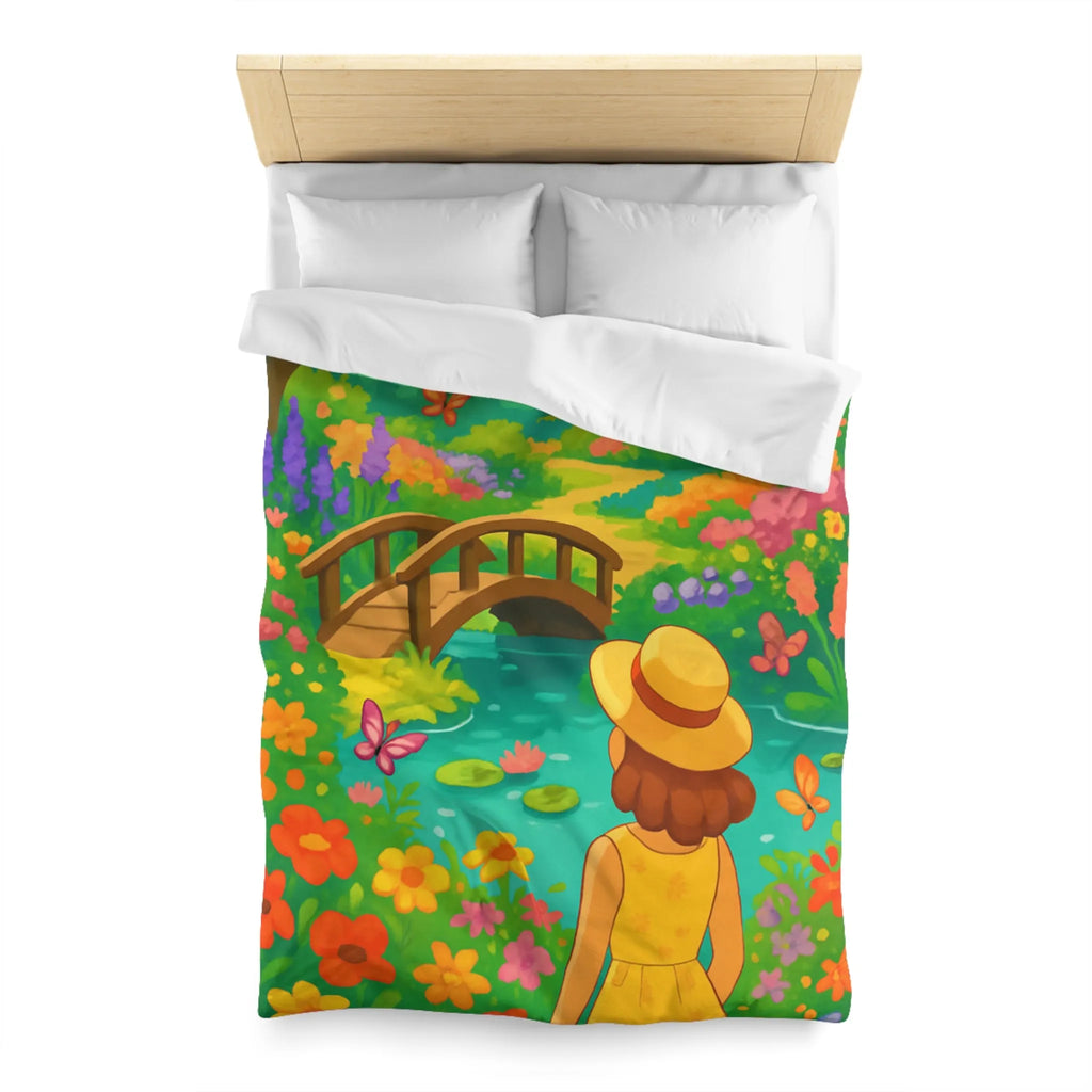 Housse de Couette Jardin Enchanté avec Pont et Papillons, Motif Vif et Coloré