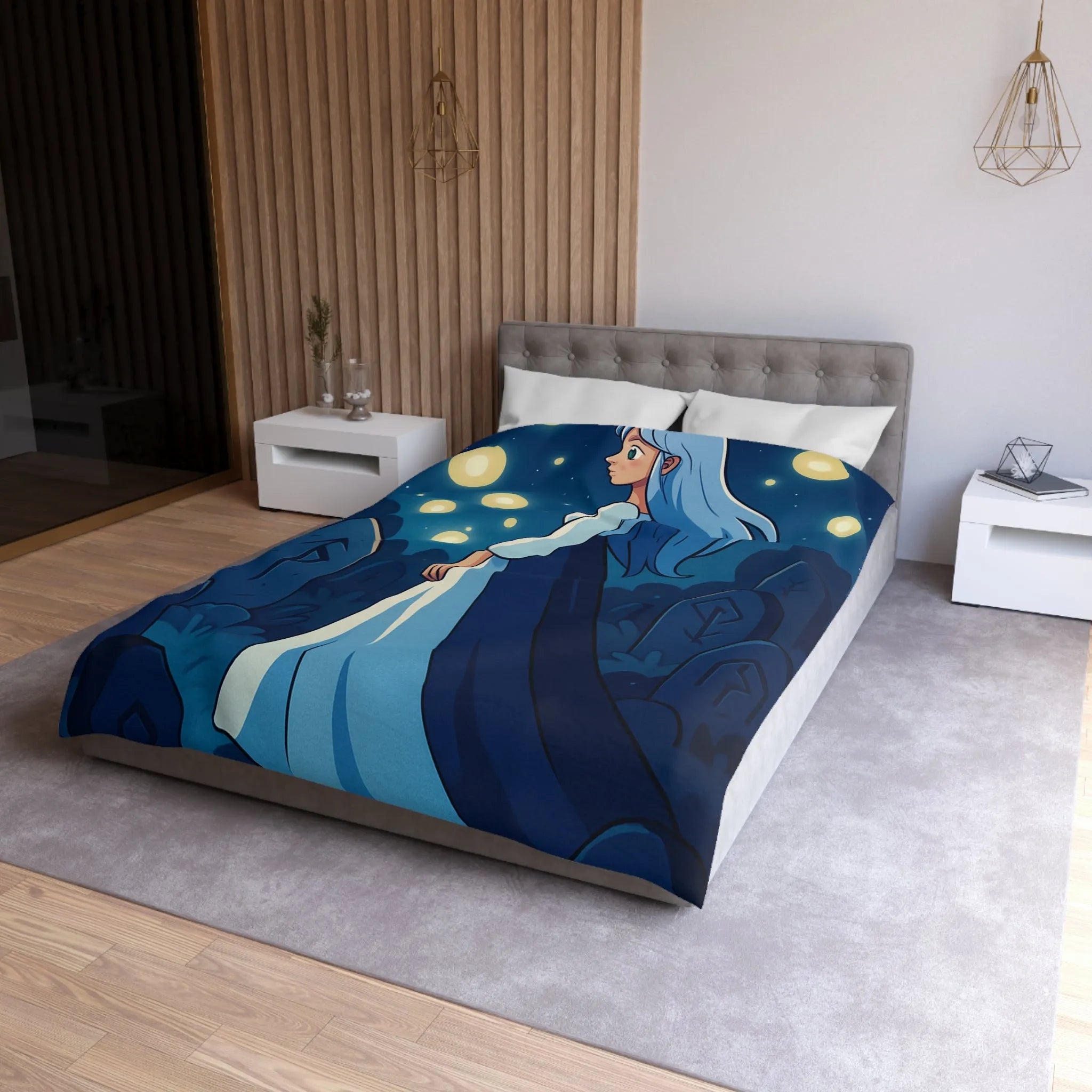 Housse de couette avec femme éthérée dans un cimetière éclairé par des lucioles mystiques