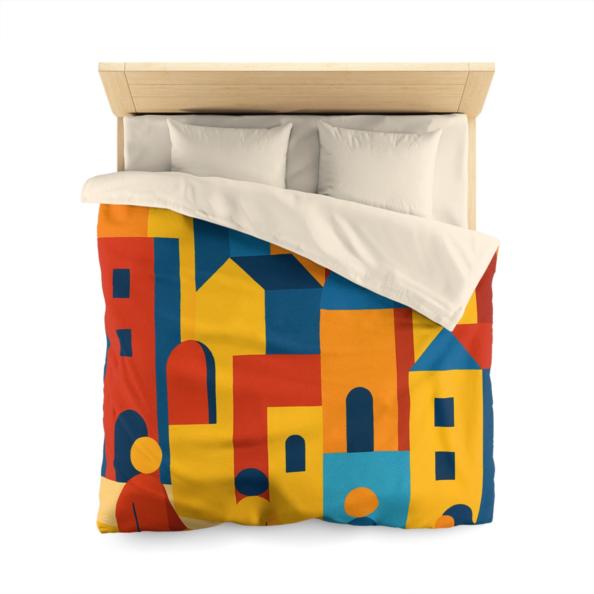 Housse de Couette Moderniste aux Couleurs Chaudes Illustrant Ville Effervescente et Silhouettes Humaines