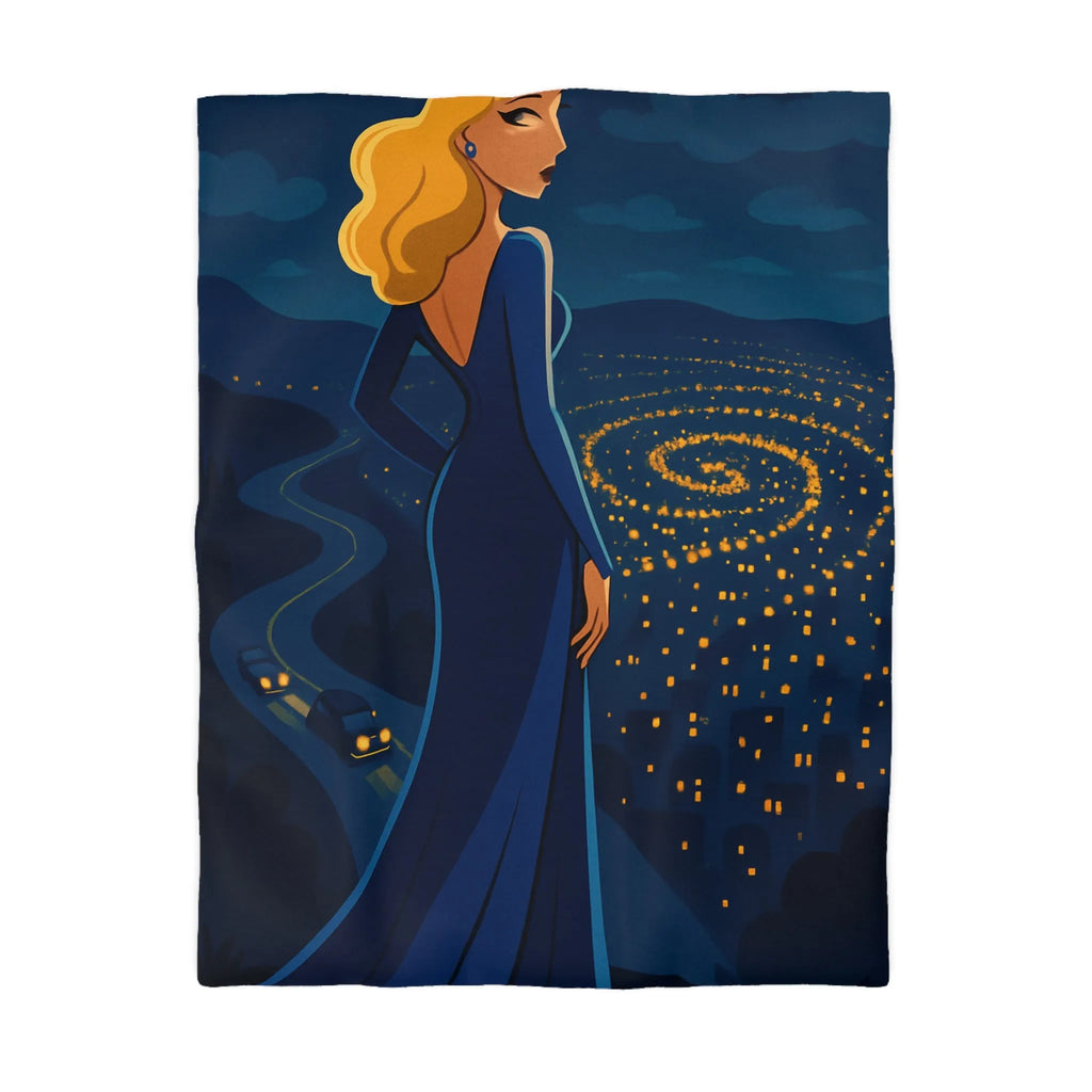Élégante femme blonde contemplant un paysage nocturne étoilé en robe bleue longue