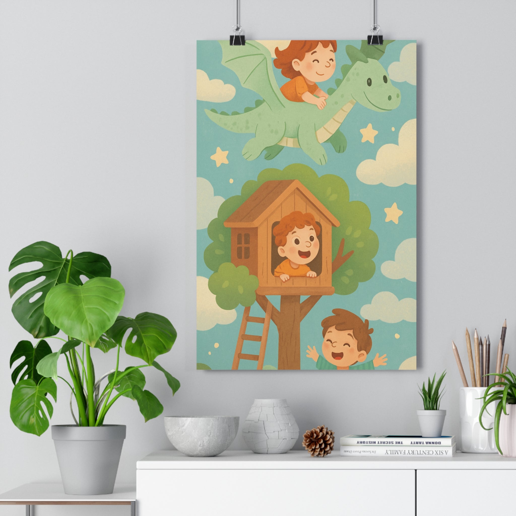 Poster décoratif enfant dragon vert étoilé magique joyeux pastel chambre rêveur mural créatif unique