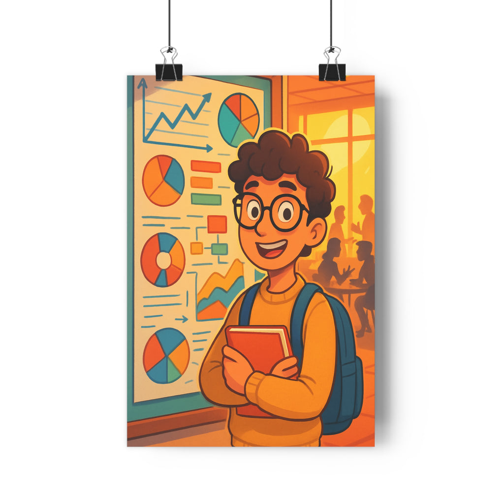 Poster décoratif cartoon dynamique bleu orange jaune bureau étudiant graphique joyeux éducatif vibrant coloré