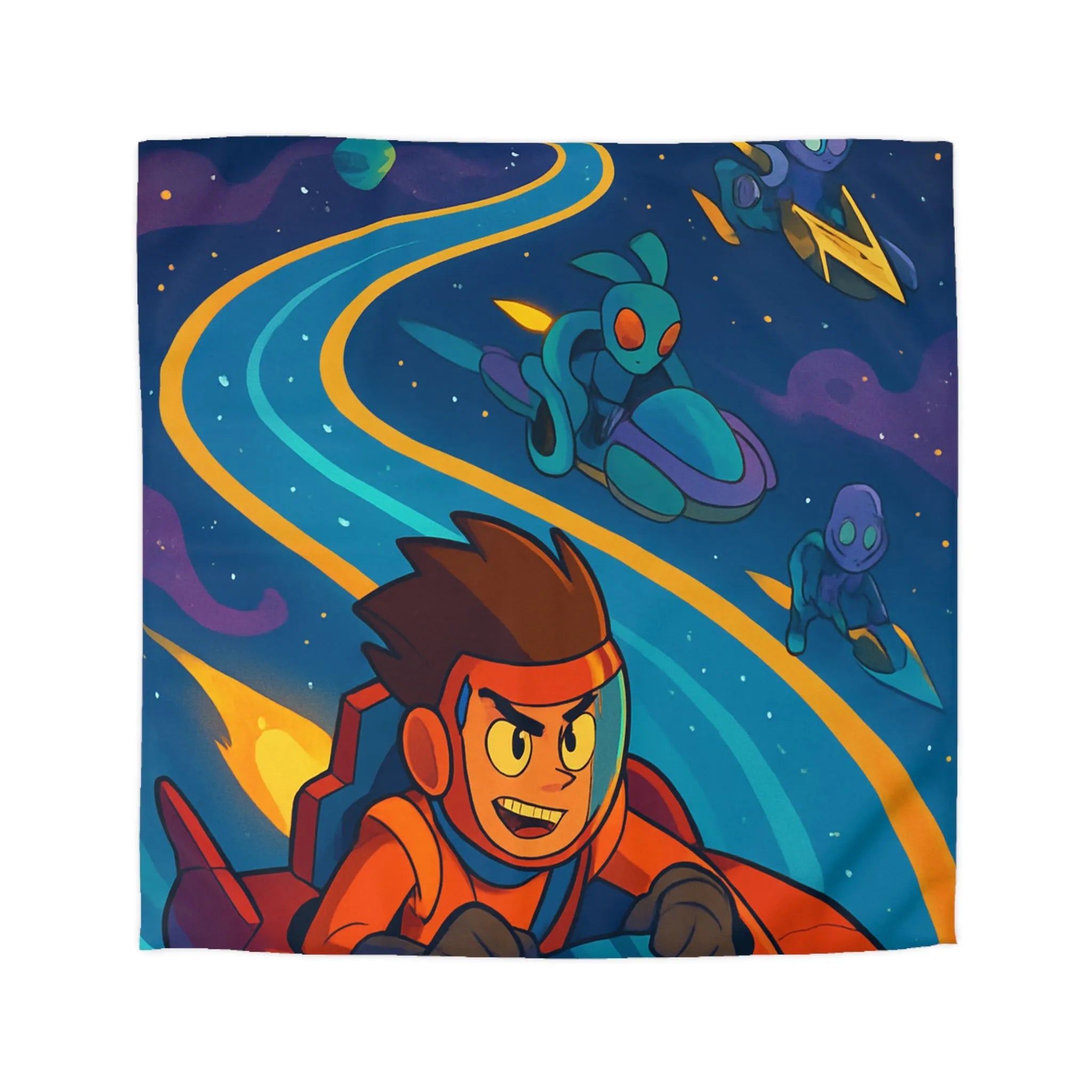 Housse de Couette Illustrée Espace avec Personnage et Vaisseaux pour Enfants Couleurs Vives