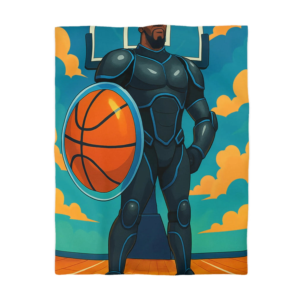 Housse de couette avec illustration d'un joueur de basket héroïque sous un ciel vibrant