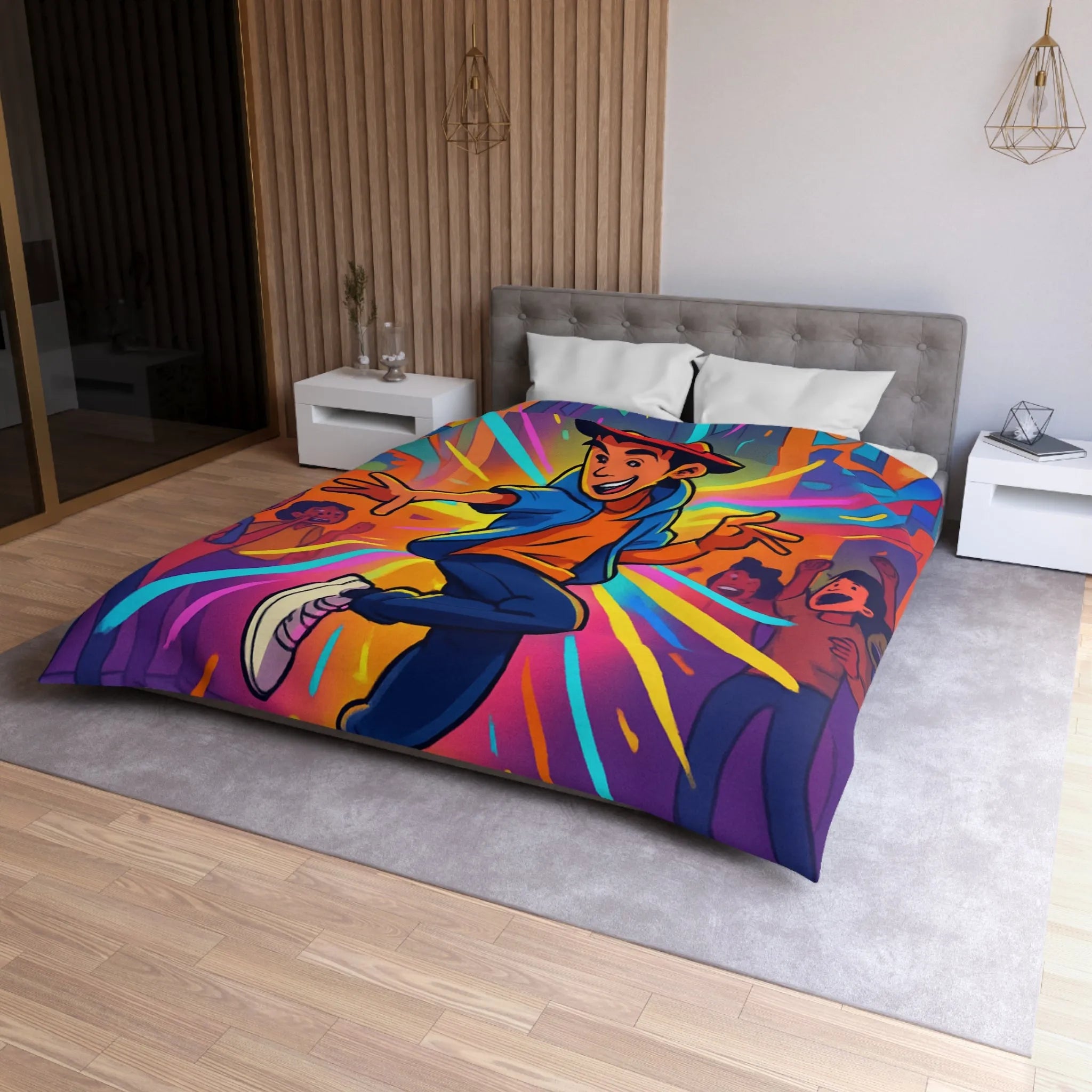 Housse couette street dance couleur vive, ambiance urbaine, dessin dynamique jeune garçon joyeux