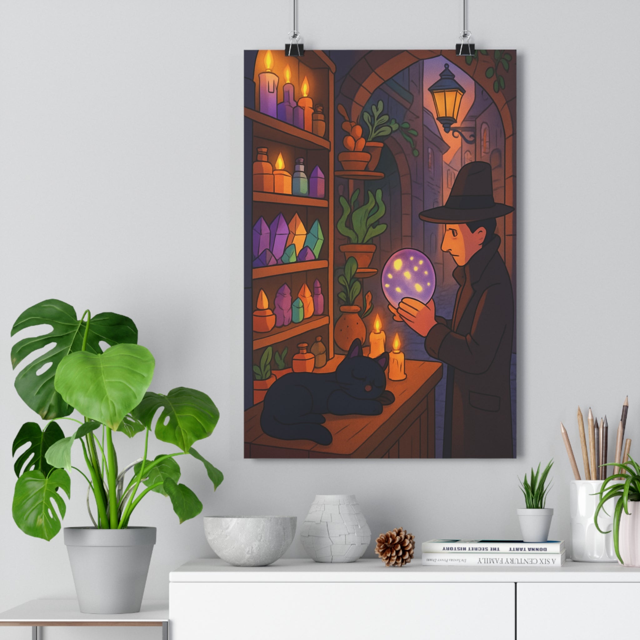 Poster décoratif vintage mystique violet orange jaune salon chambre qualité unique ambiance magique artisanat