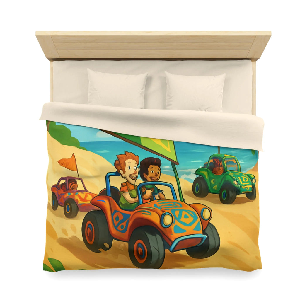 Housse de couette colorée avec motif voitures de plage et palmiers tropicaux