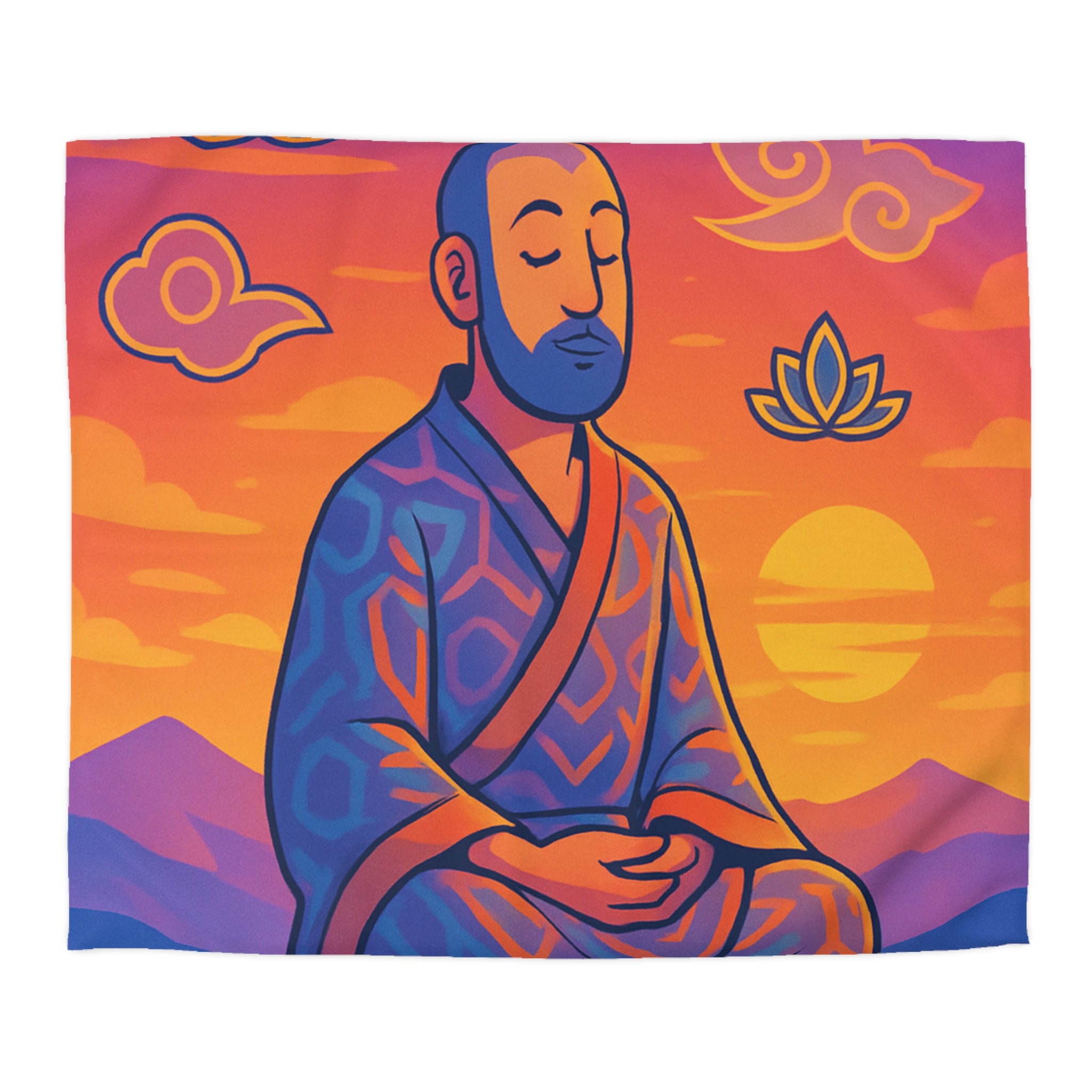 Housse de Couette Zen Moine Méditant au Coucher de Soleil Avec Fleurs de Lotus