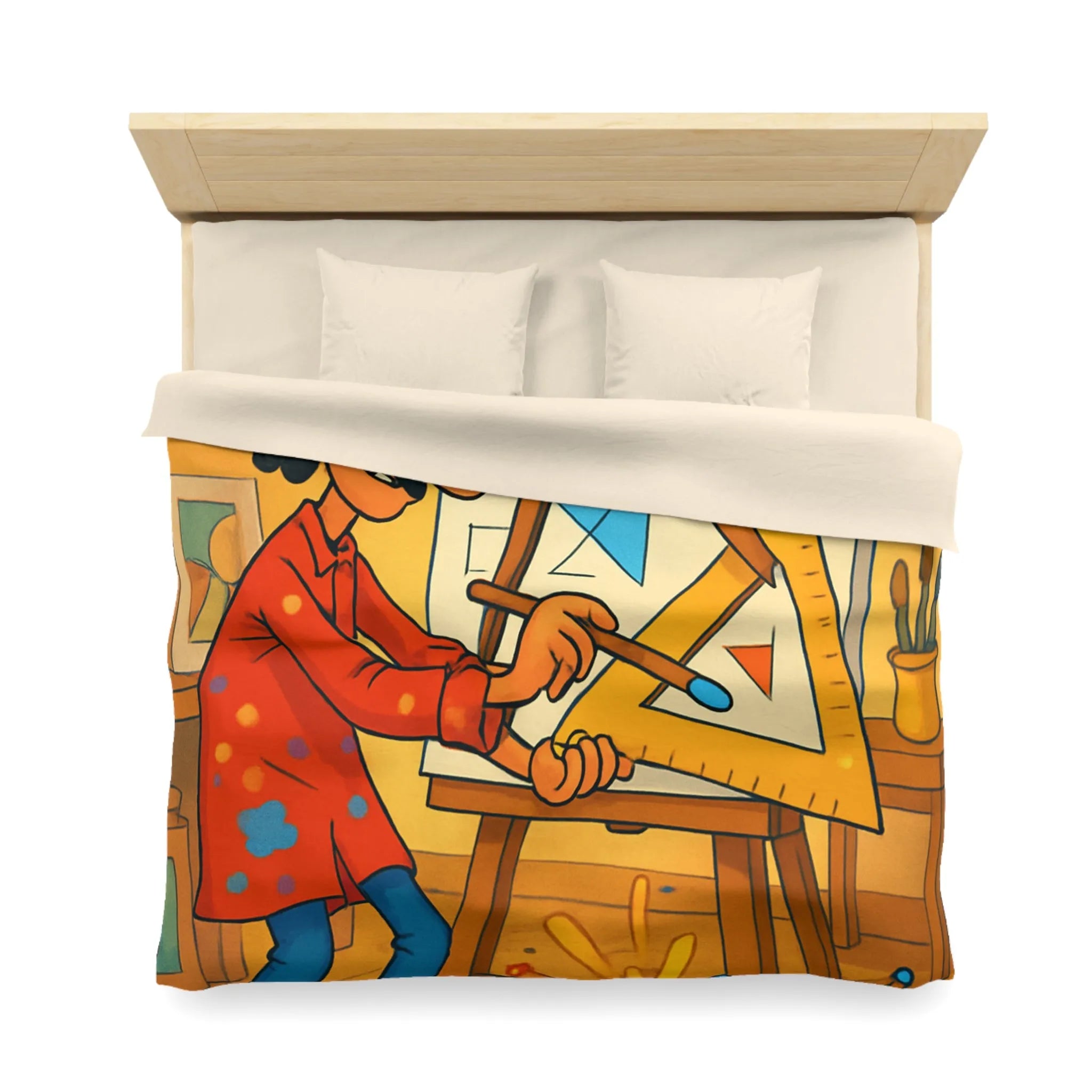 Housse de couette artistique avec motif géométrique et artiste cartoon en atelier coloré